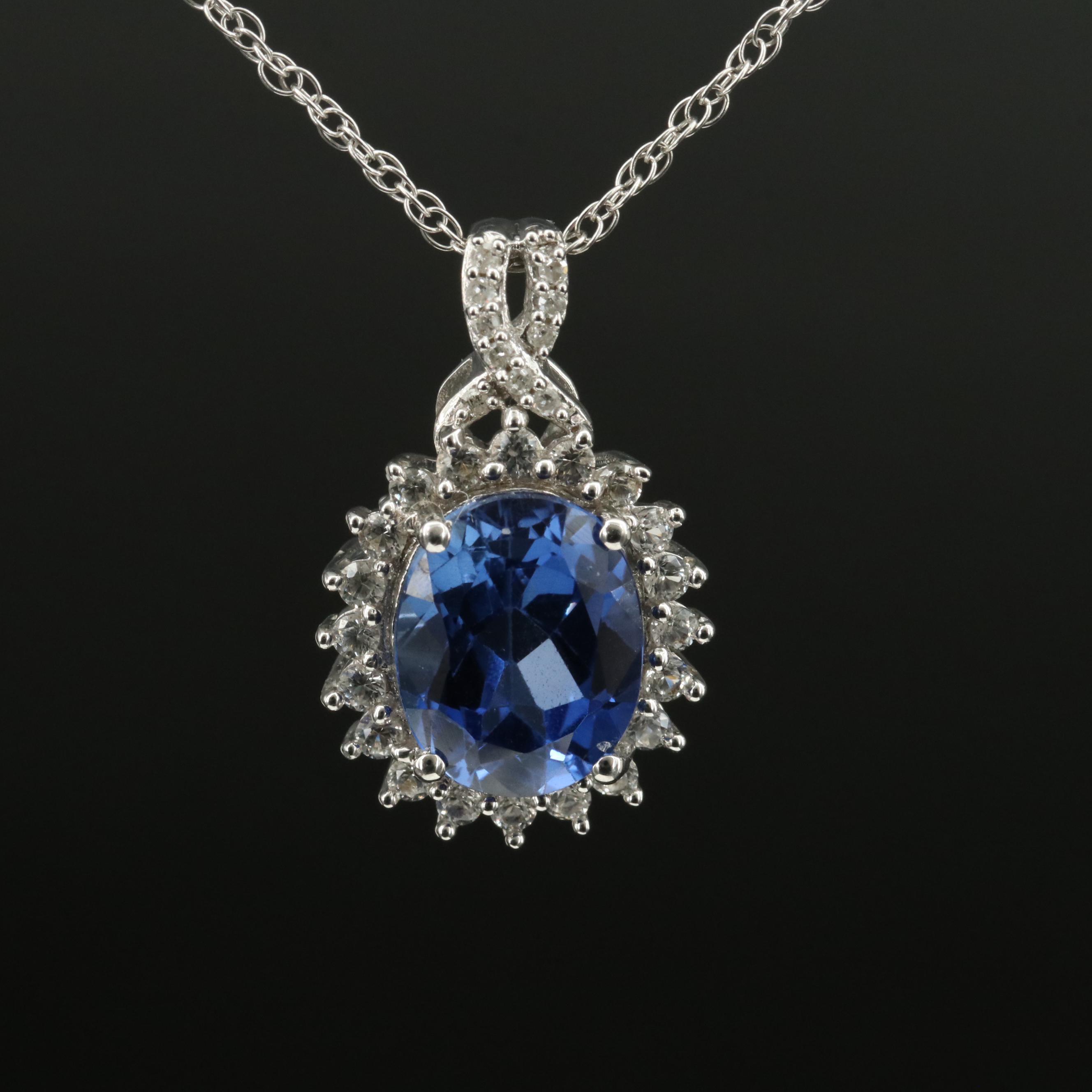 Sterling Sapphire, Diamond and White Sapphire Pendant Necklace