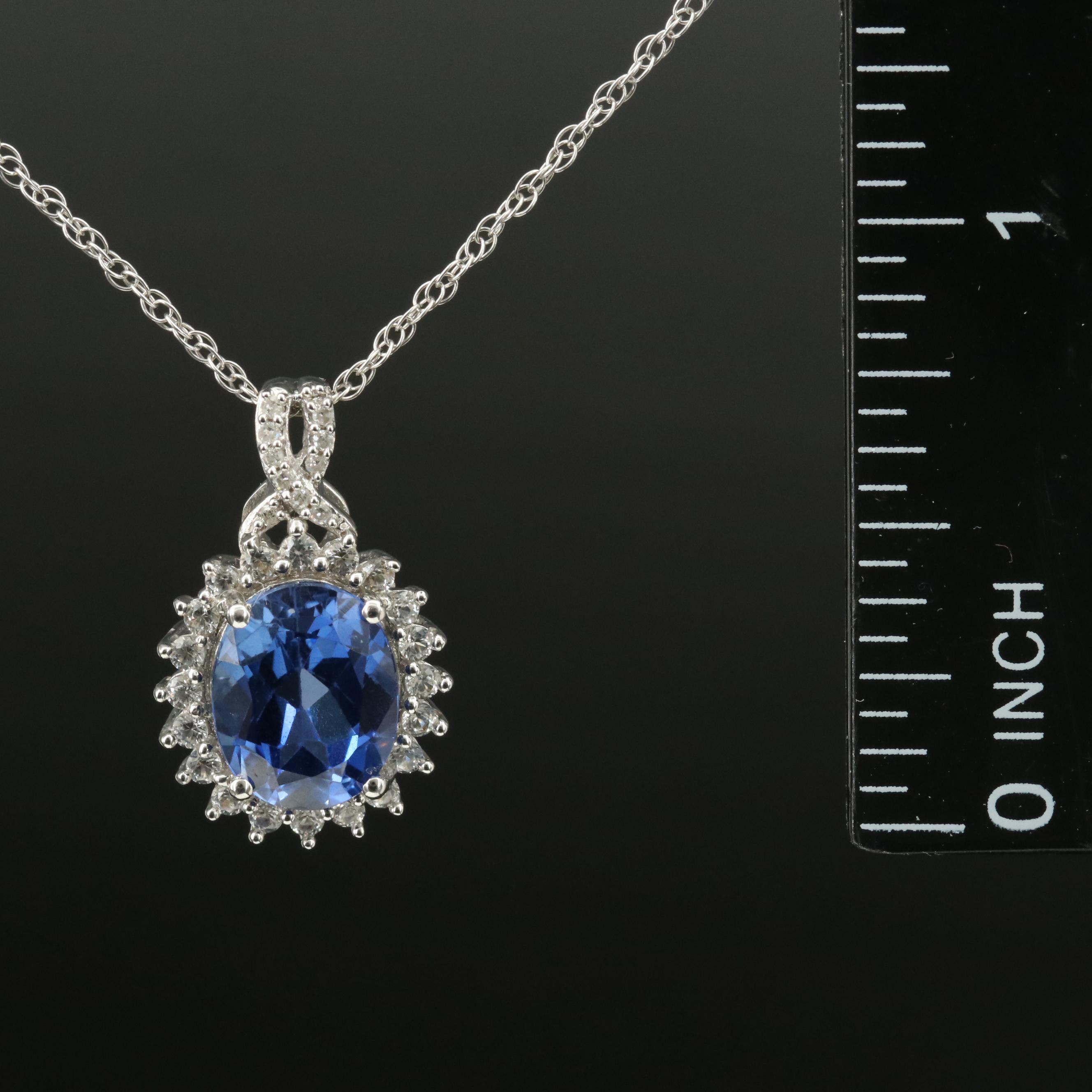Sterling Sapphire, Diamond and White Sapphire Pendant Necklace