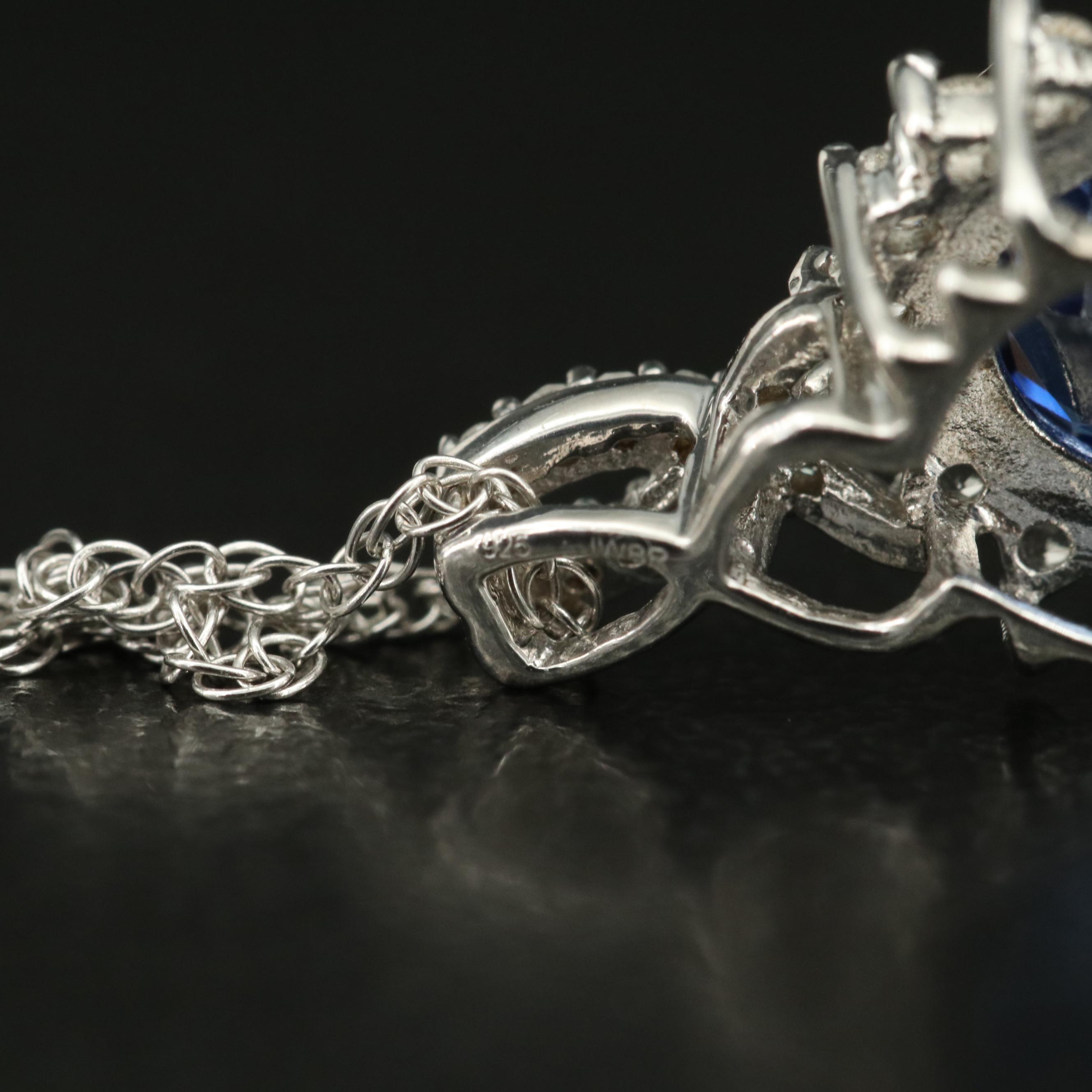 Sterling Sapphire, Diamond and White Sapphire Pendant Necklace
