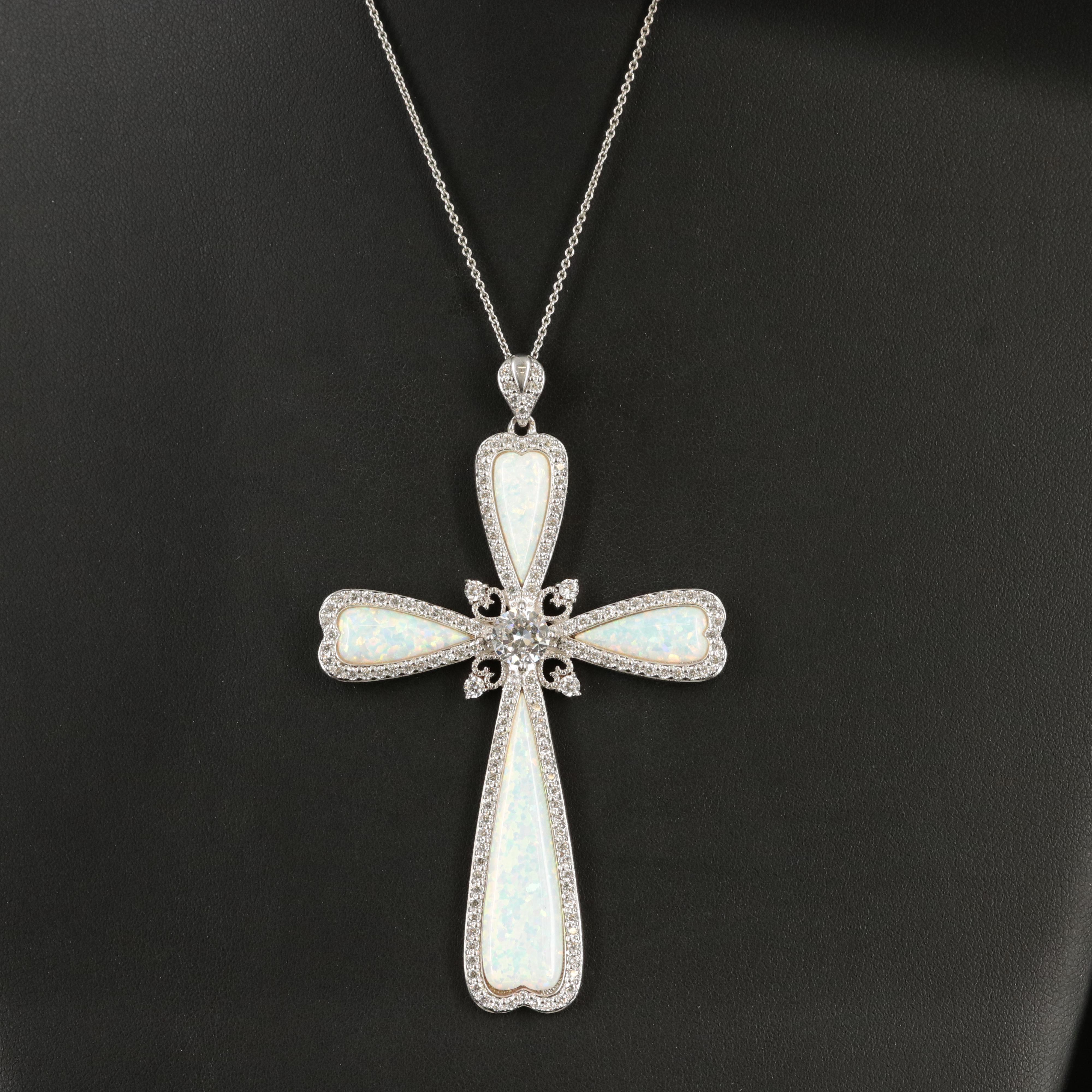 Sterling Opal and Cubic Zirconia Cross Pendant Necklace