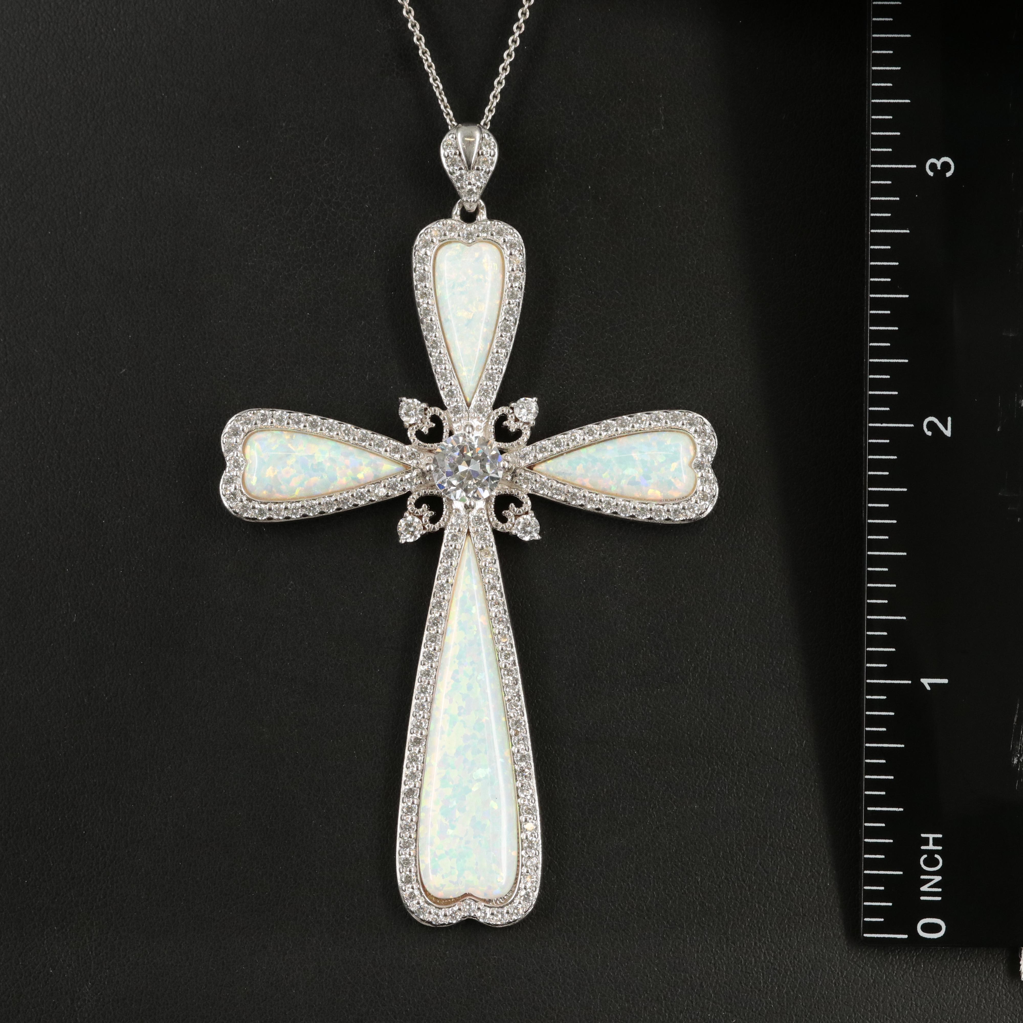 Sterling Opal and Cubic Zirconia Cross Pendant Necklace