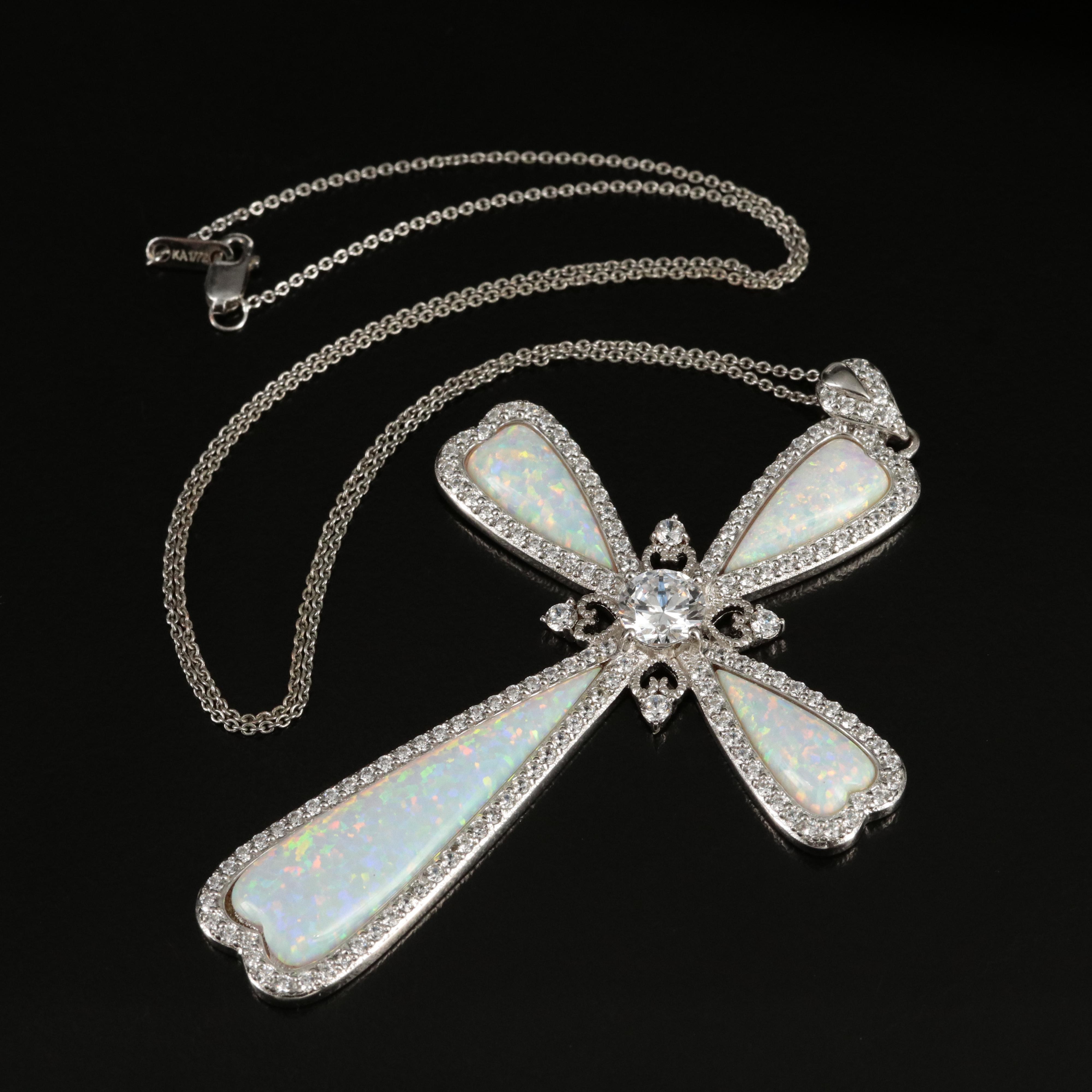 Sterling Opal and Cubic Zirconia Cross Pendant Necklace