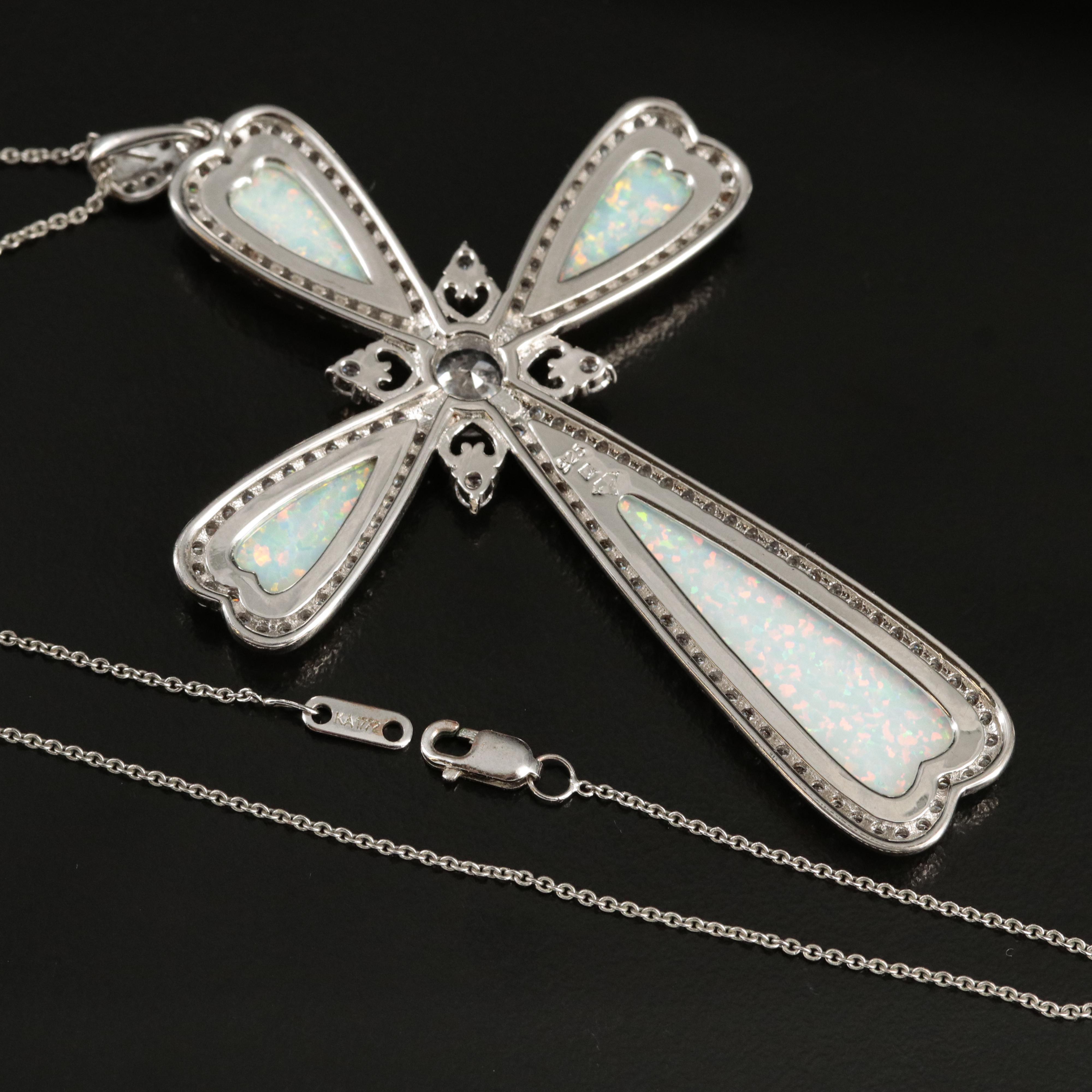 Sterling Opal and Cubic Zirconia Cross Pendant Necklace