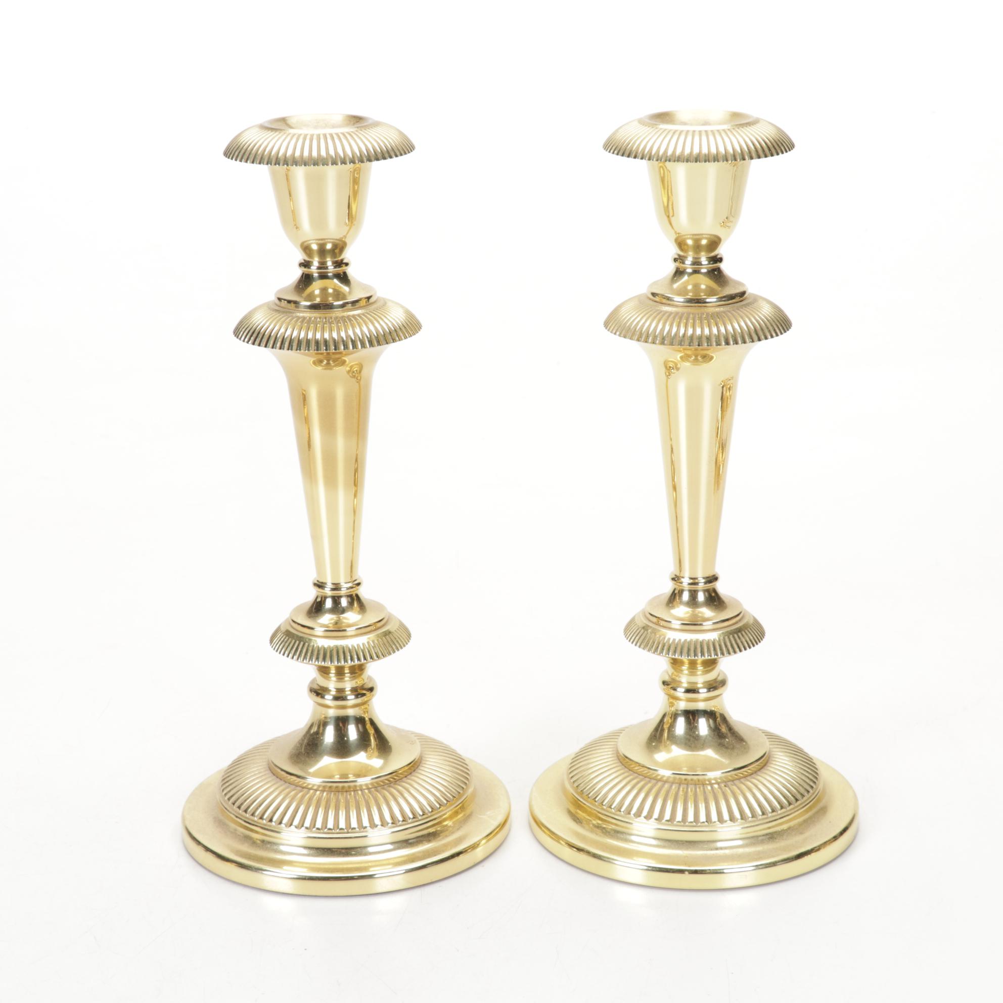 Two Pairs of Baldwin Brass Candlesticks With Brass Wall Candle Sconces