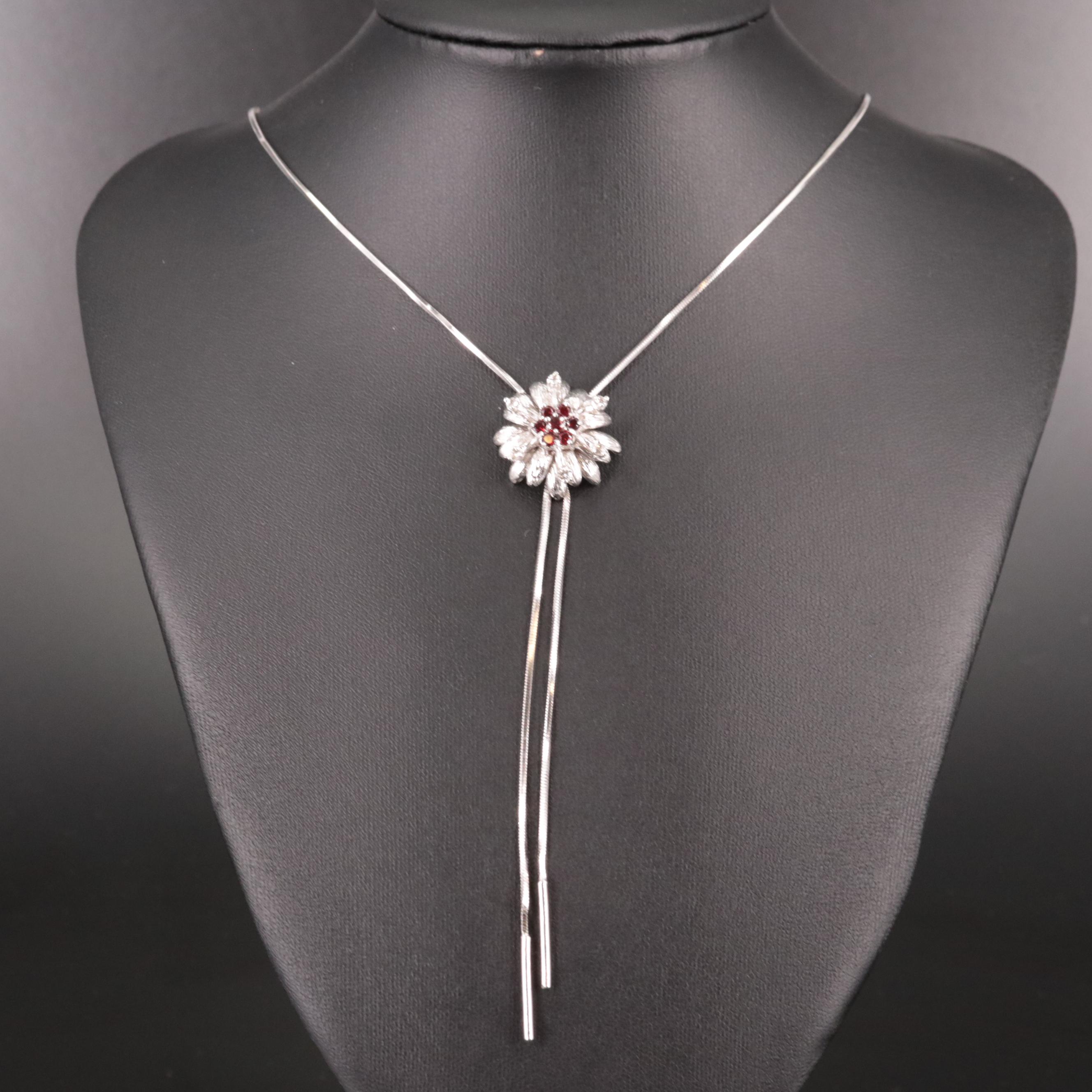 Sterling Garnet and White Topaz Flower Lariat Necklace