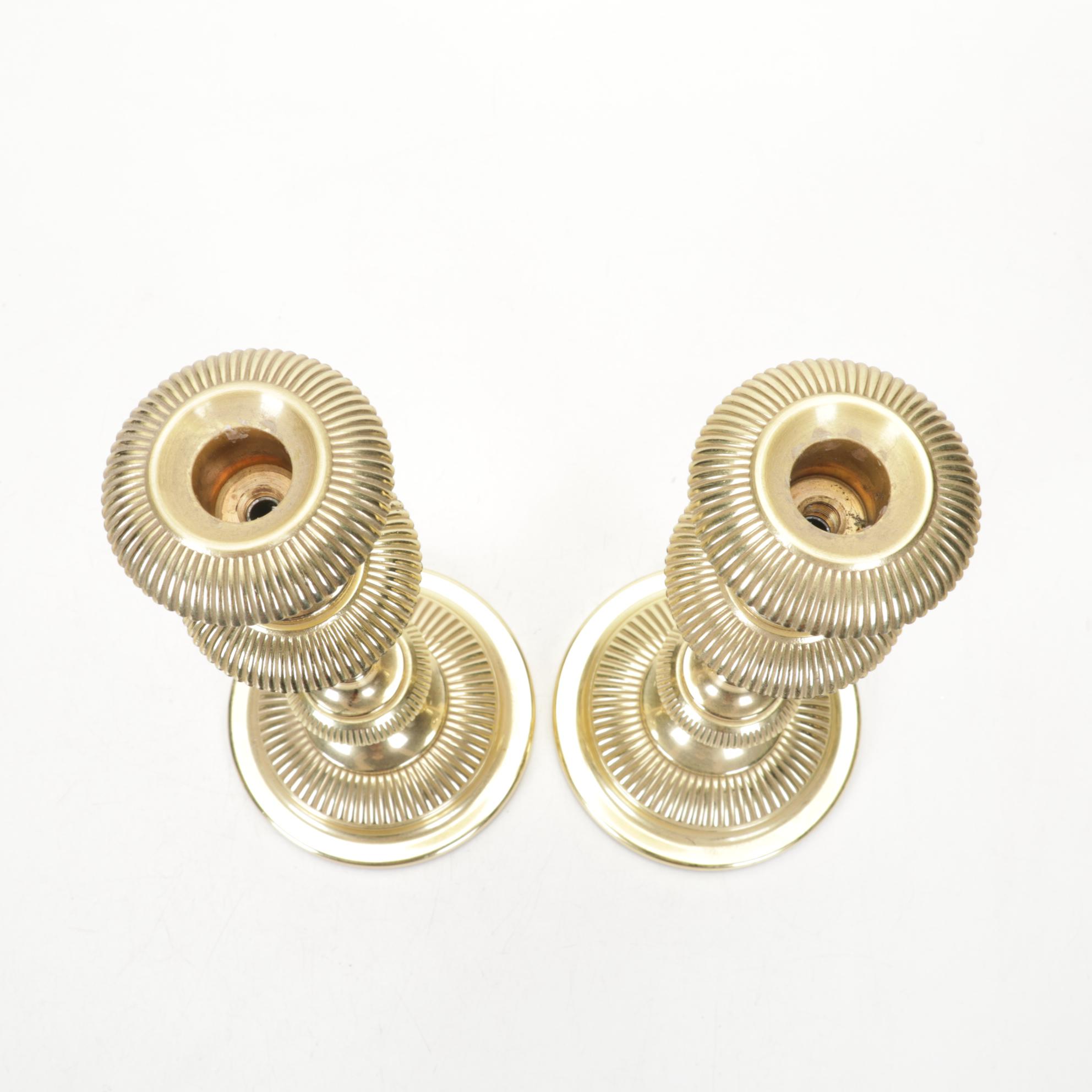 Two Pairs of Baldwin Brass Candlesticks With Brass Wall Candle Sconces