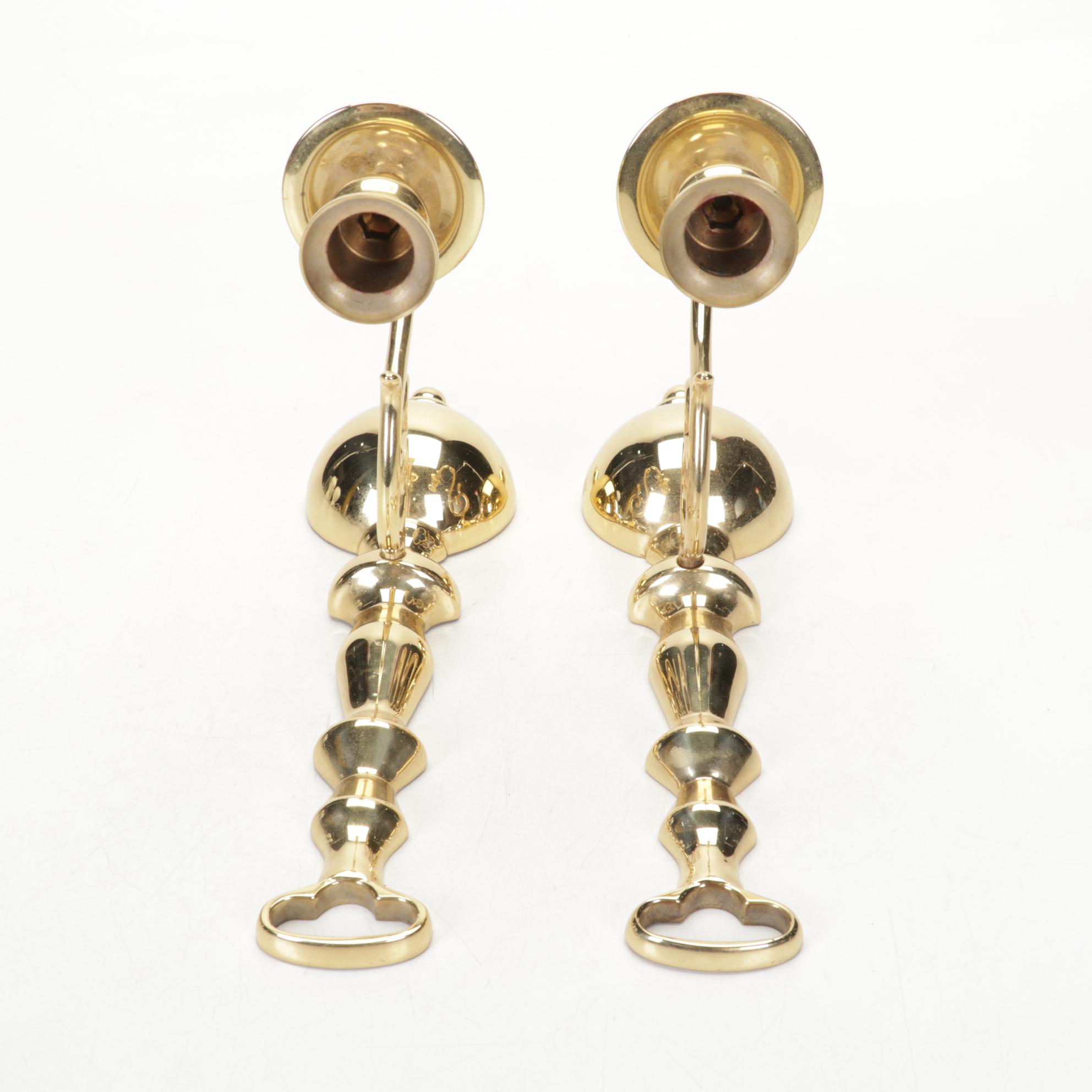 Two Pairs of Baldwin Brass Candlesticks With Brass Wall Candle Sconces