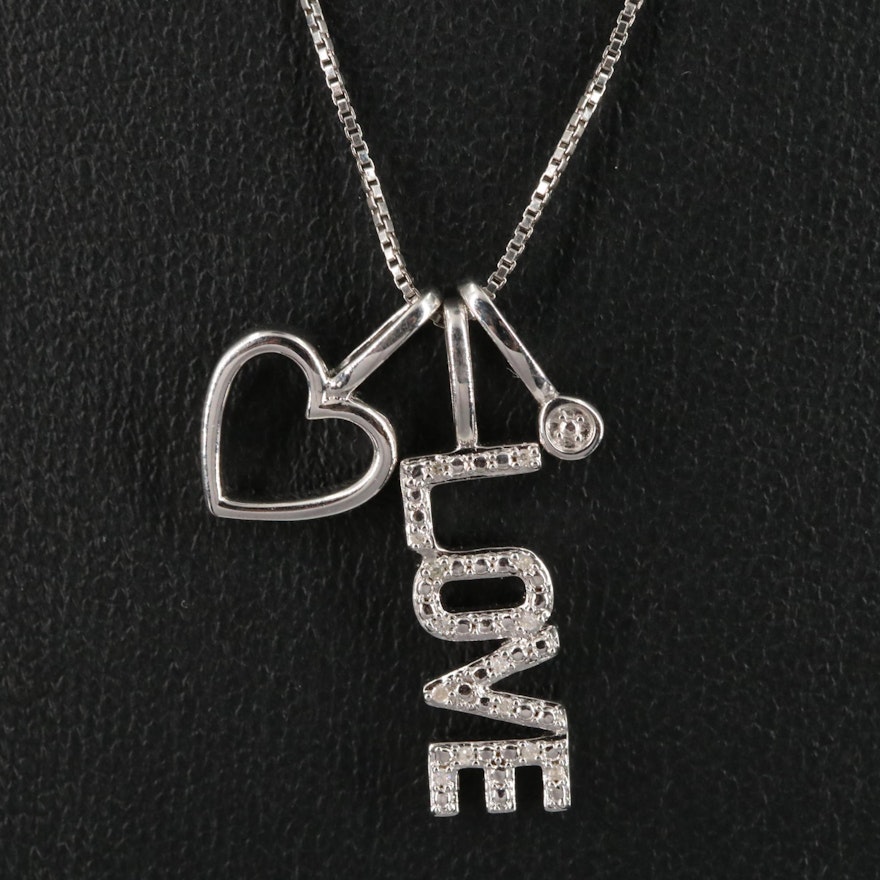 Sterling 0.03 CTW Diamond "Love" and Heart Pendant Necklace