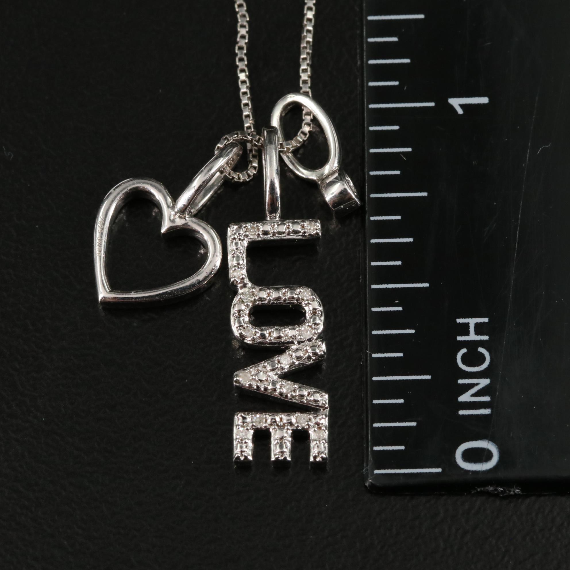 Sterling 0.03 CTW Diamond "Love" and Heart Pendant Necklace
