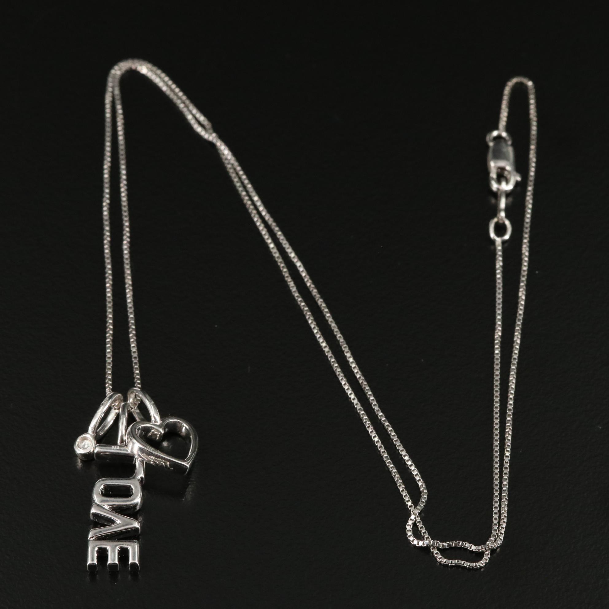 Sterling 0.03 CTW Diamond "Love" and Heart Pendant Necklace