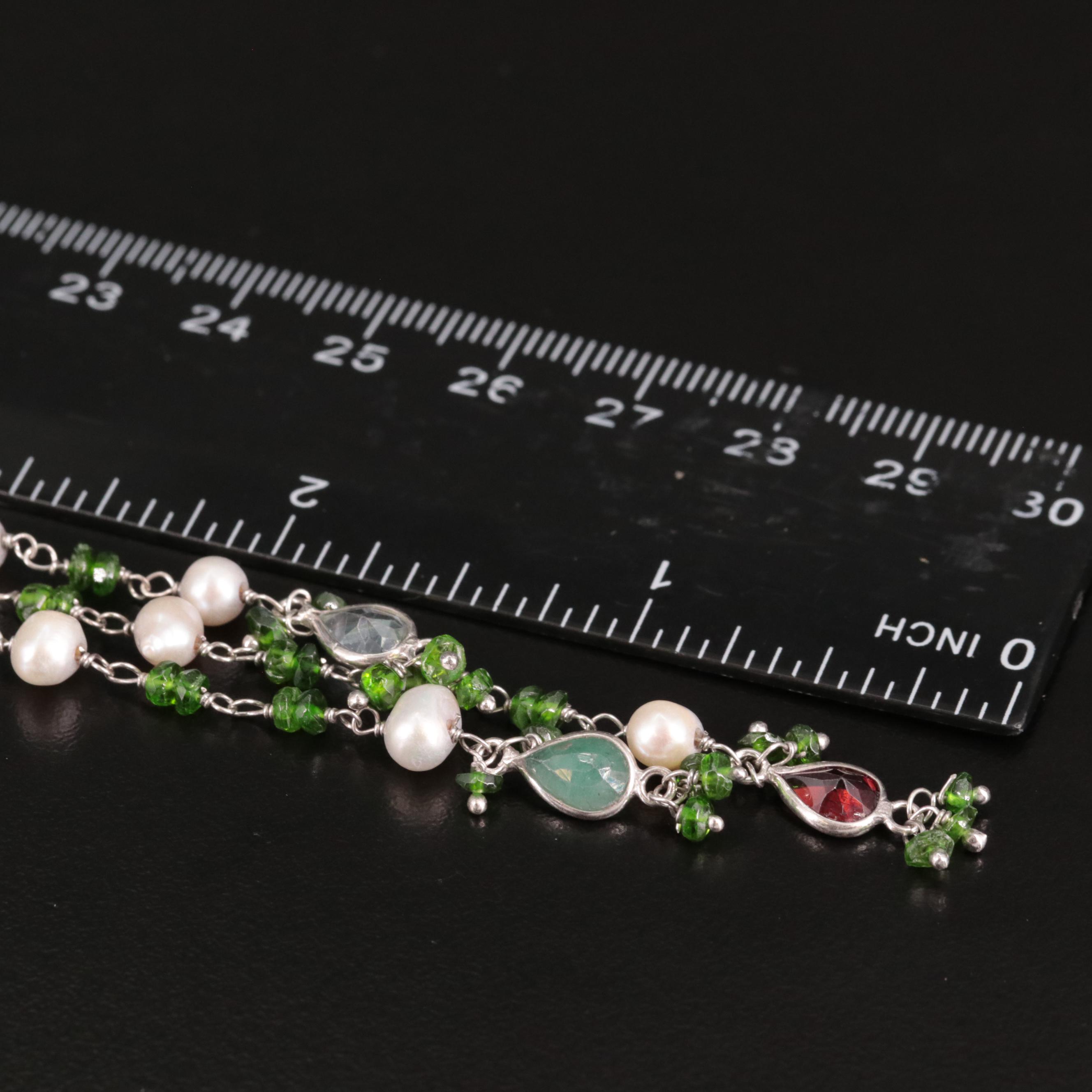 Sterling Diopside, Cultured Pearl, Amethyst, and Addition Gemstone Necklace