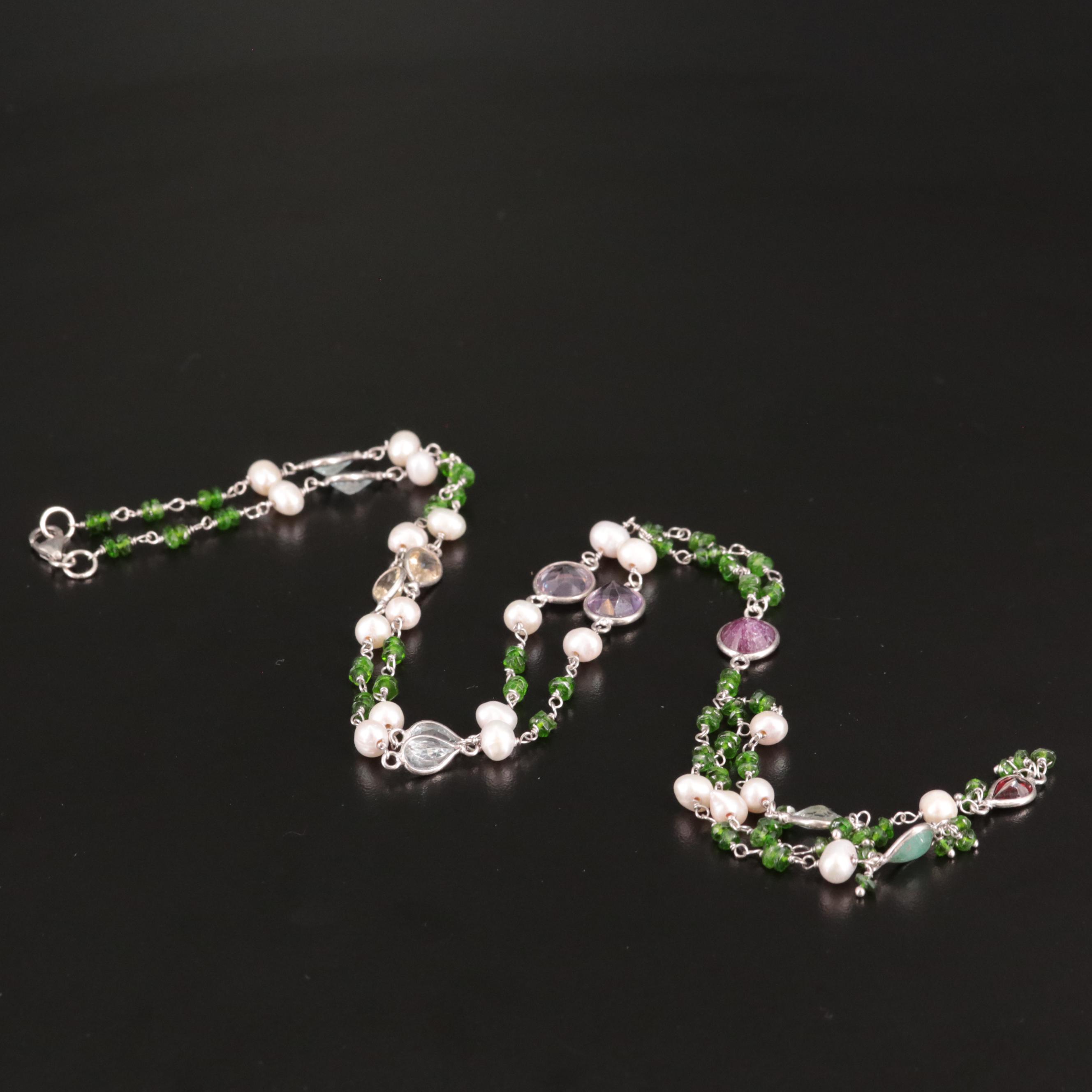 Sterling Diopside, Cultured Pearl, Amethyst, and Addition Gemstone Necklace