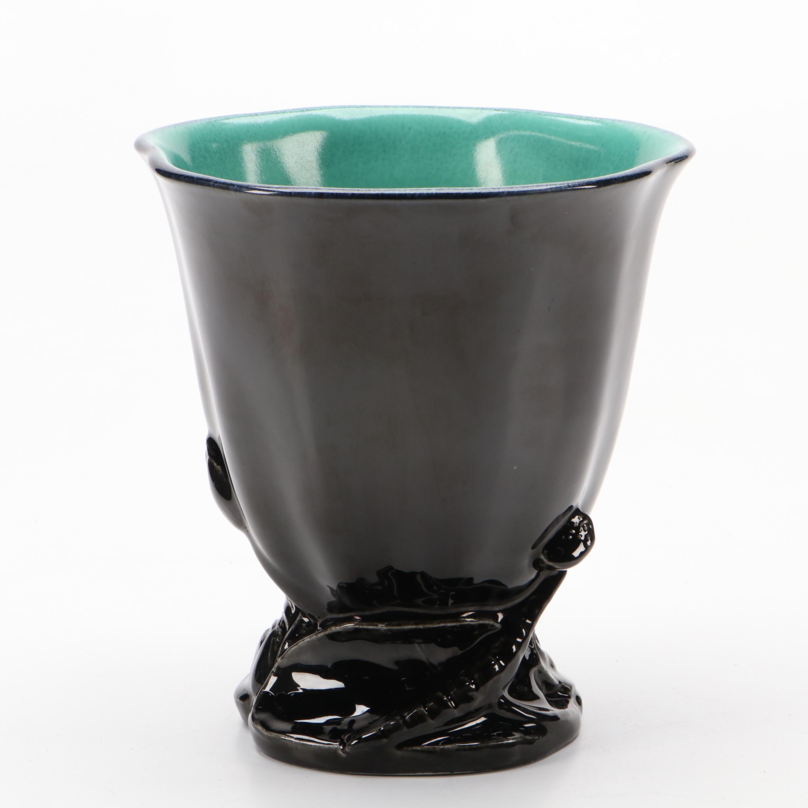 Rookwood Pottery Jet Black Production Vase with Openwork Lotus Base, 1925