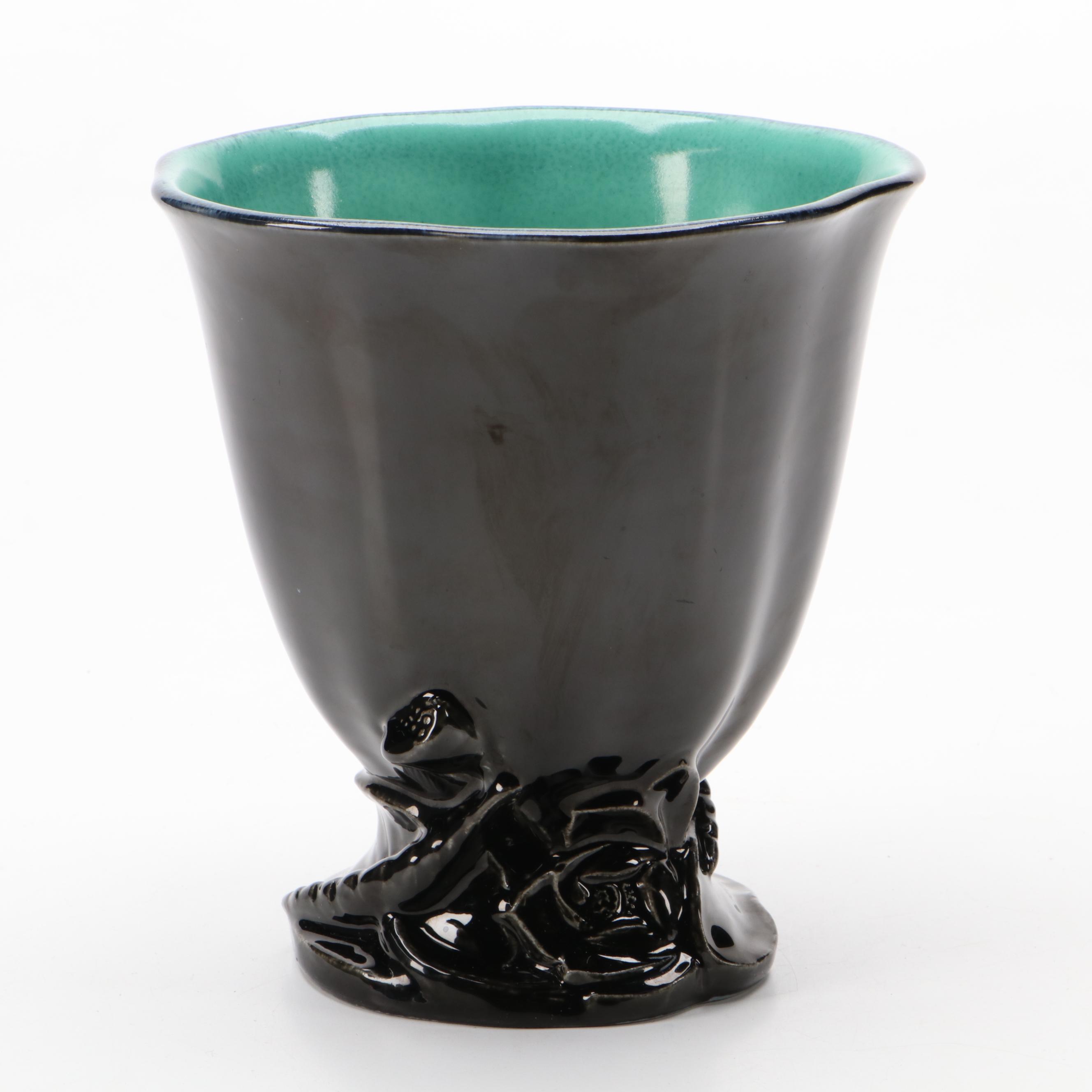 Rookwood Pottery Jet Black Production Vase with Openwork Lotus Base, 1925