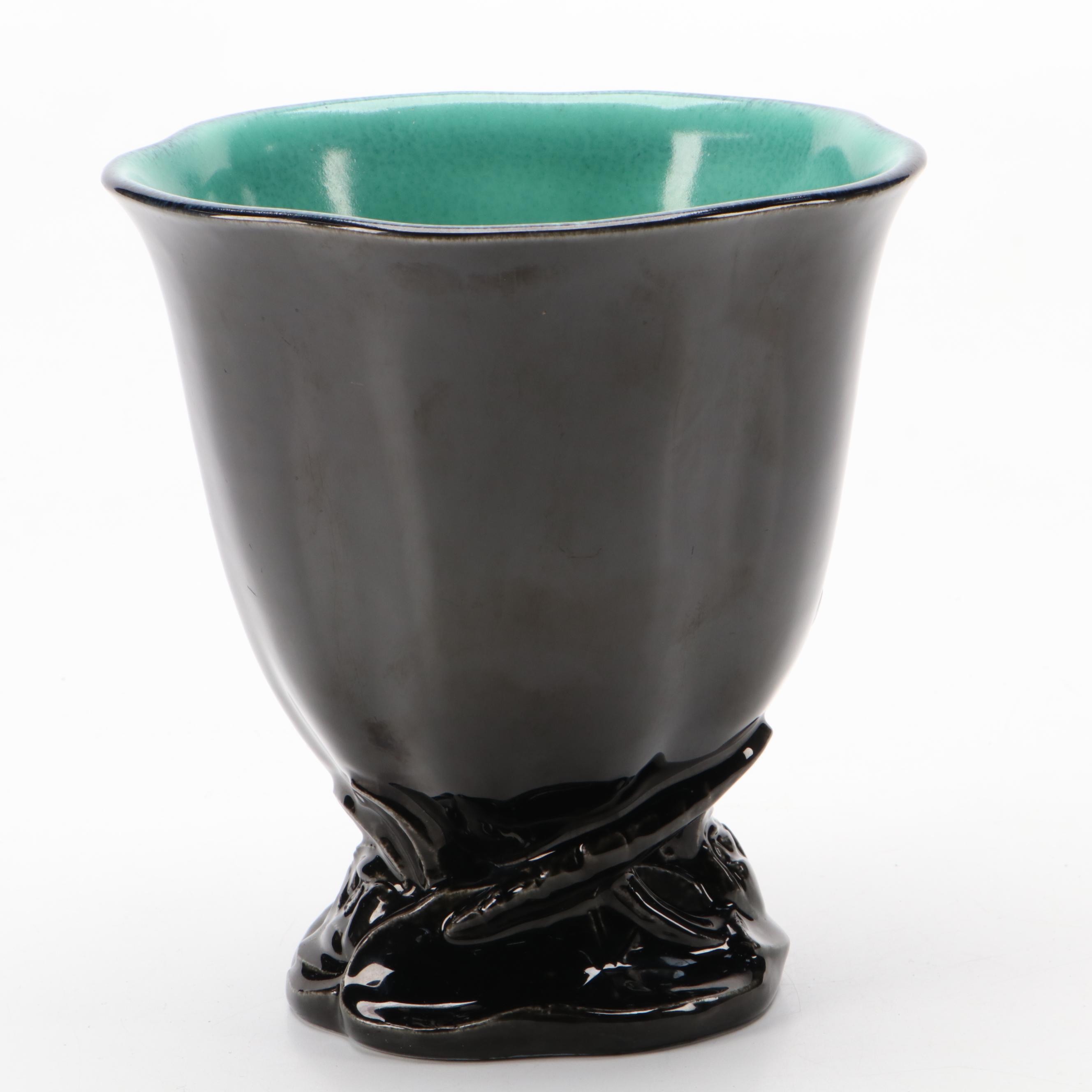 Rookwood Pottery Jet Black Production Vase with Openwork Lotus Base, 1925