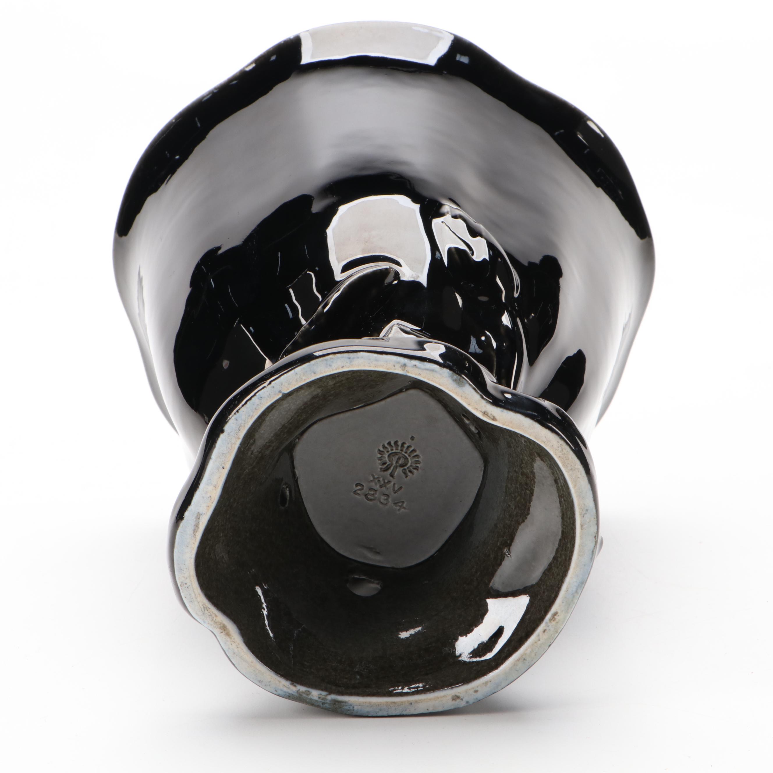 Rookwood Pottery Jet Black Production Vase with Openwork Lotus Base, 1925