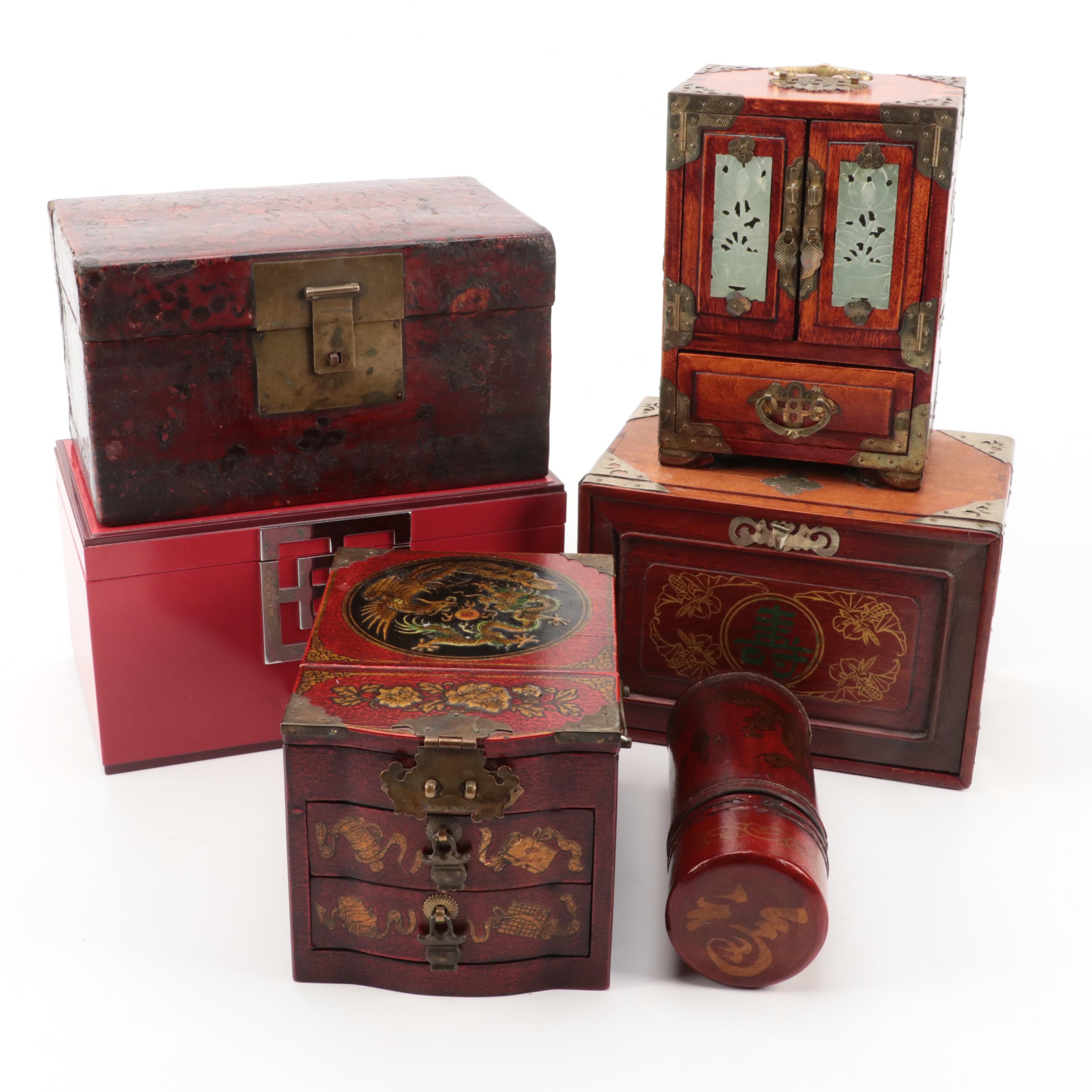 Chinese Wooden Jewelry Boxes with Mah Jong and Fortune Stick Sets