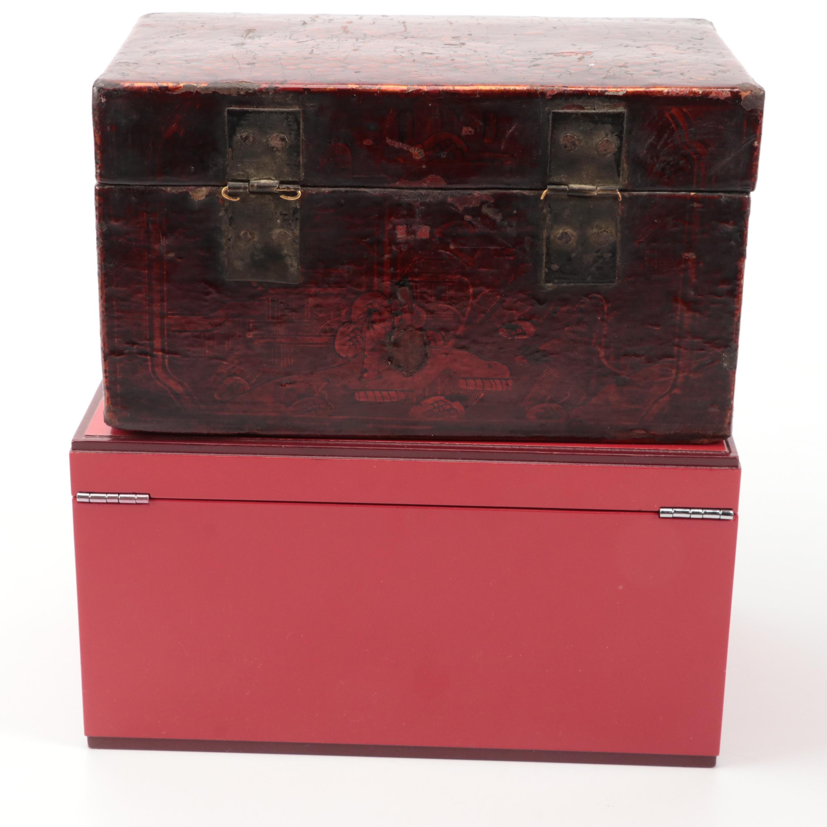 Chinese Wooden Jewelry Boxes with Mah Jong and Fortune Stick Sets