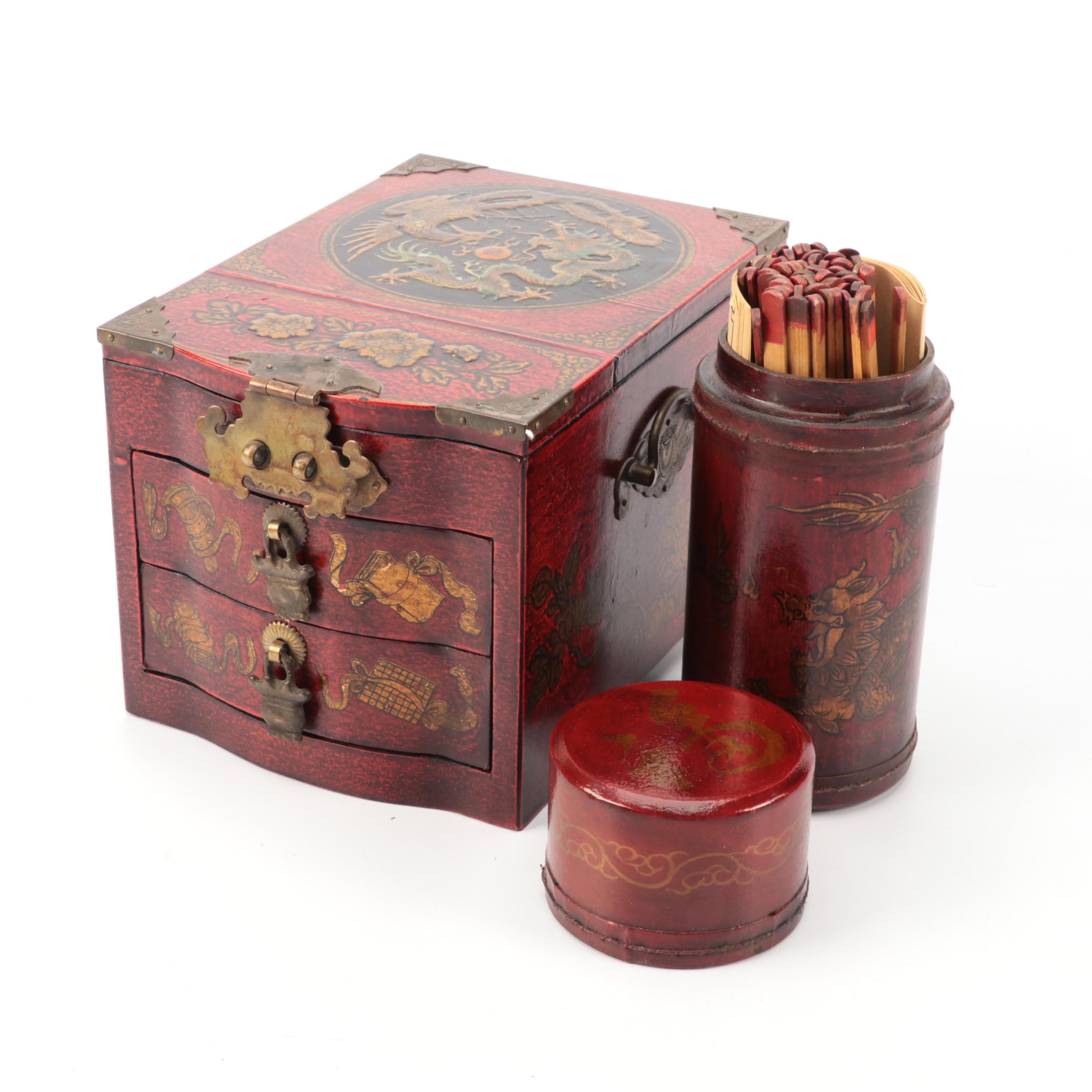 Chinese Wooden Jewelry Boxes with Mah Jong and Fortune Stick Sets