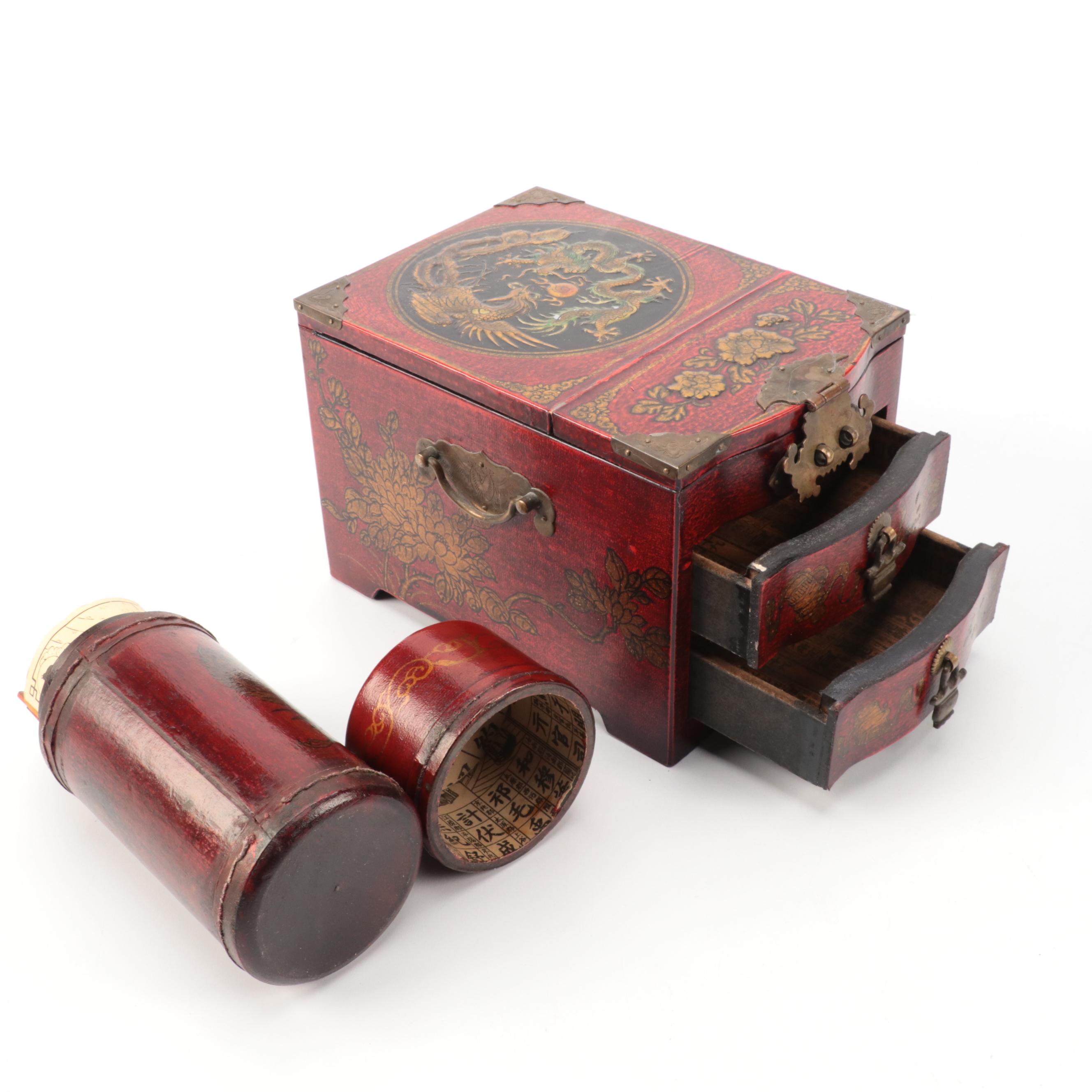 Chinese Wooden Jewelry Boxes with Mah Jong and Fortune Stick Sets