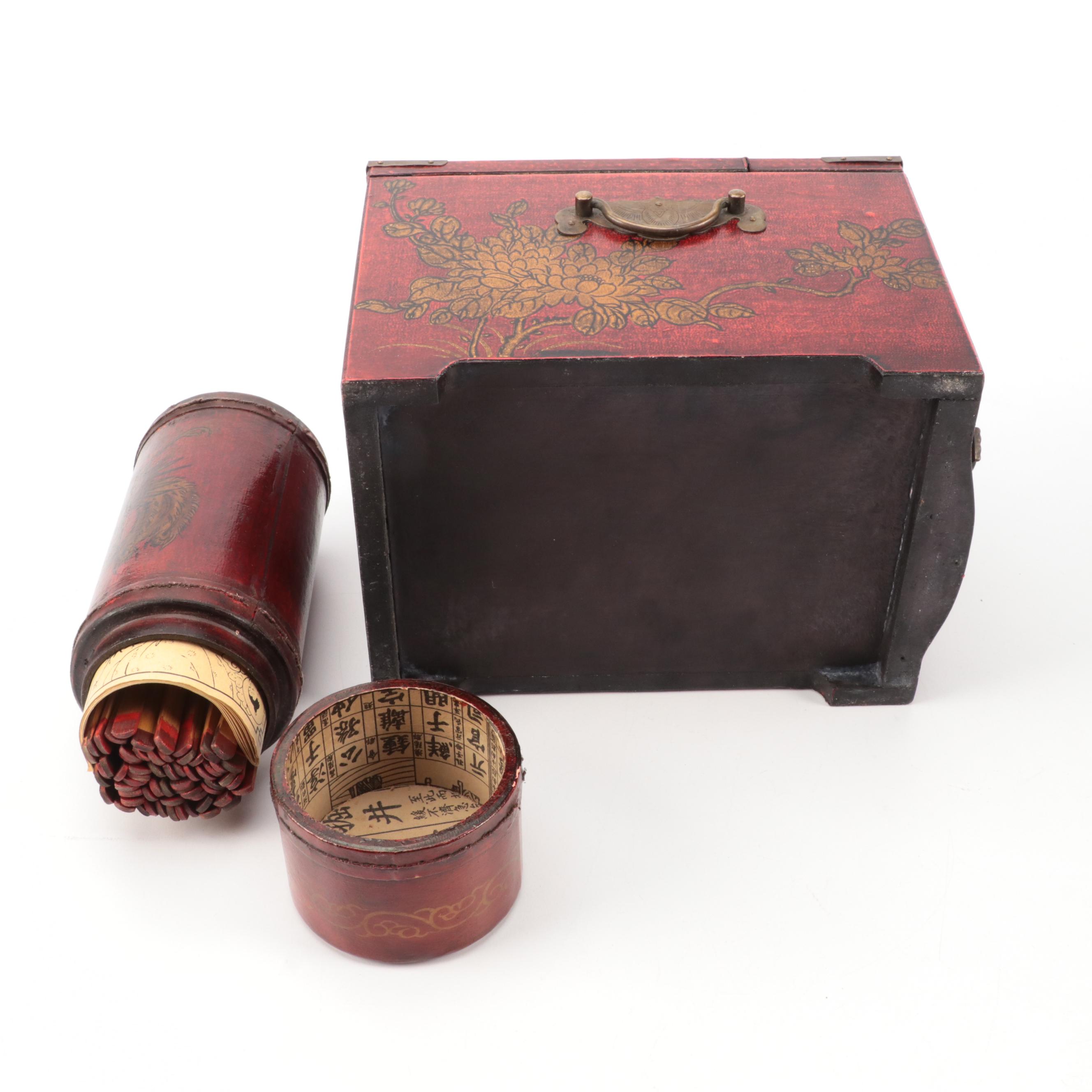 Chinese Wooden Jewelry Boxes with Mah Jong and Fortune Stick Sets