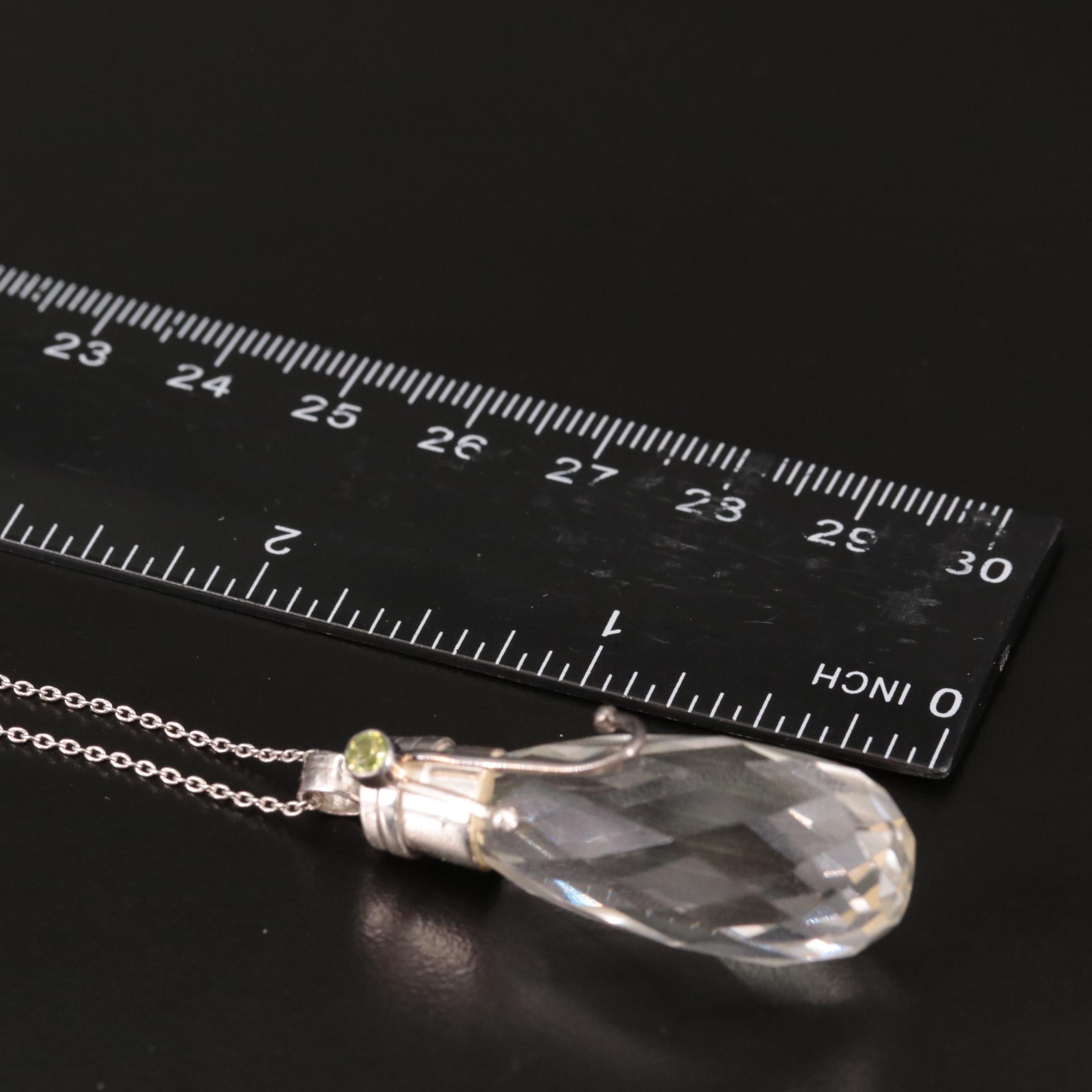 Sterling Rock Crystal Quartz and Peridot Teardrop Pendant Necklace