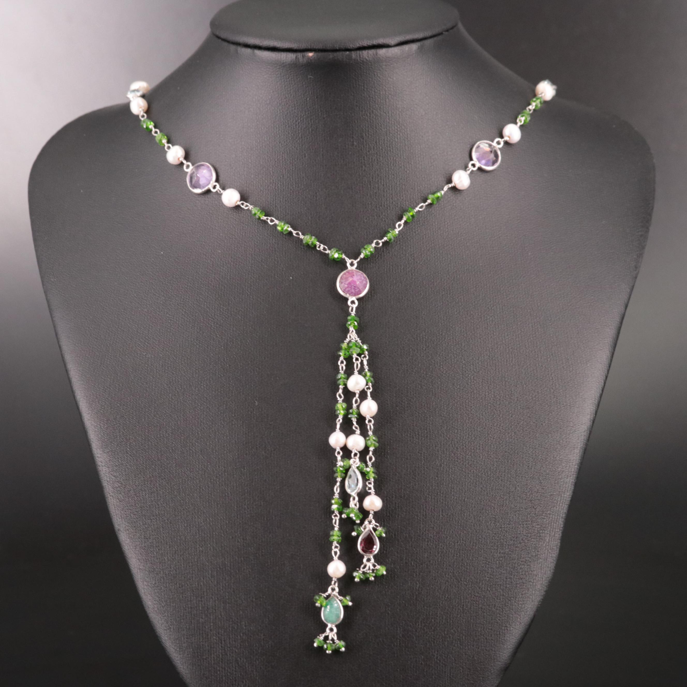 Sterling Diopside, Cultured Pearl, Amethyst, and Addition Gemstone Necklace