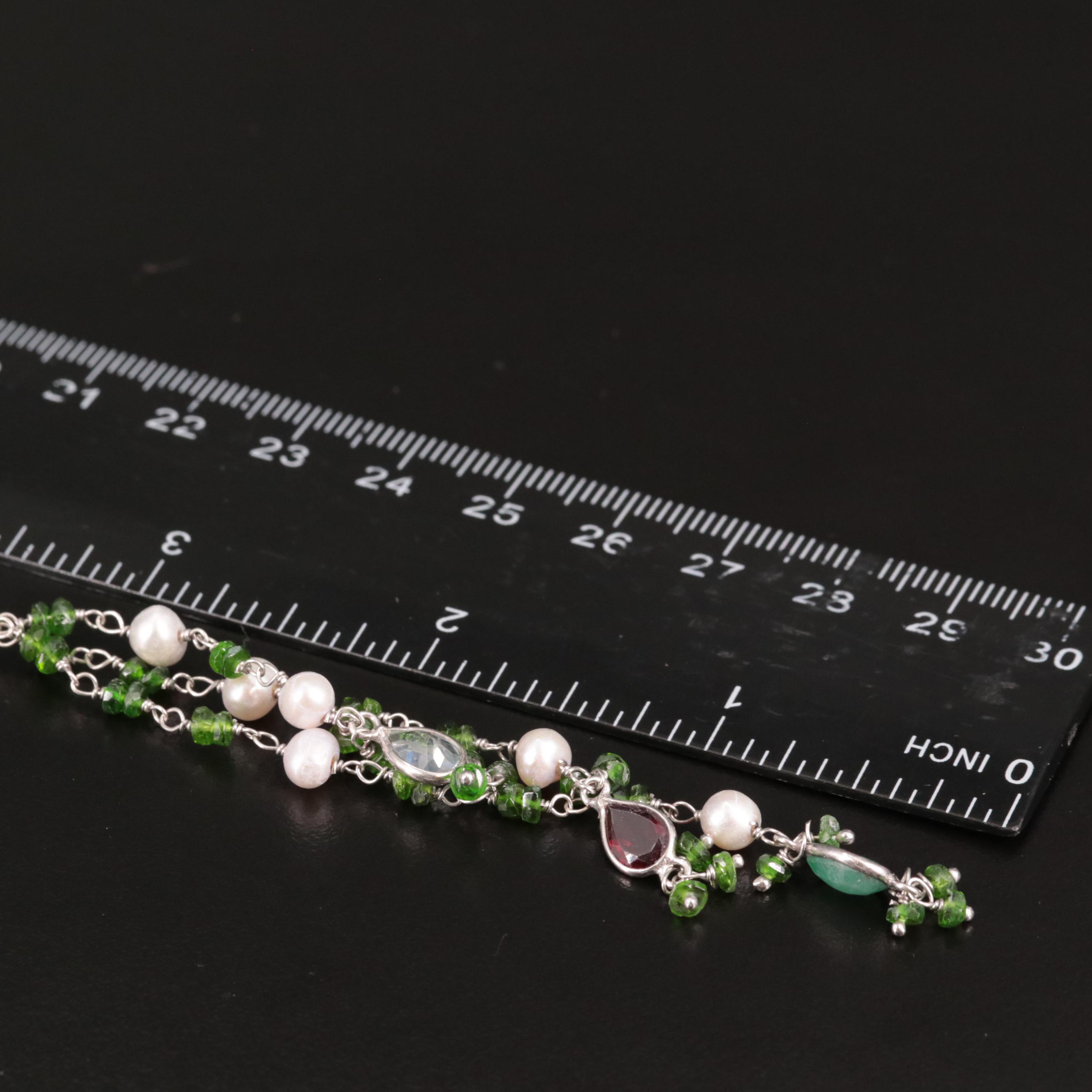 Sterling Diopside, Cultured Pearl, Amethyst, and Addition Gemstone Necklace