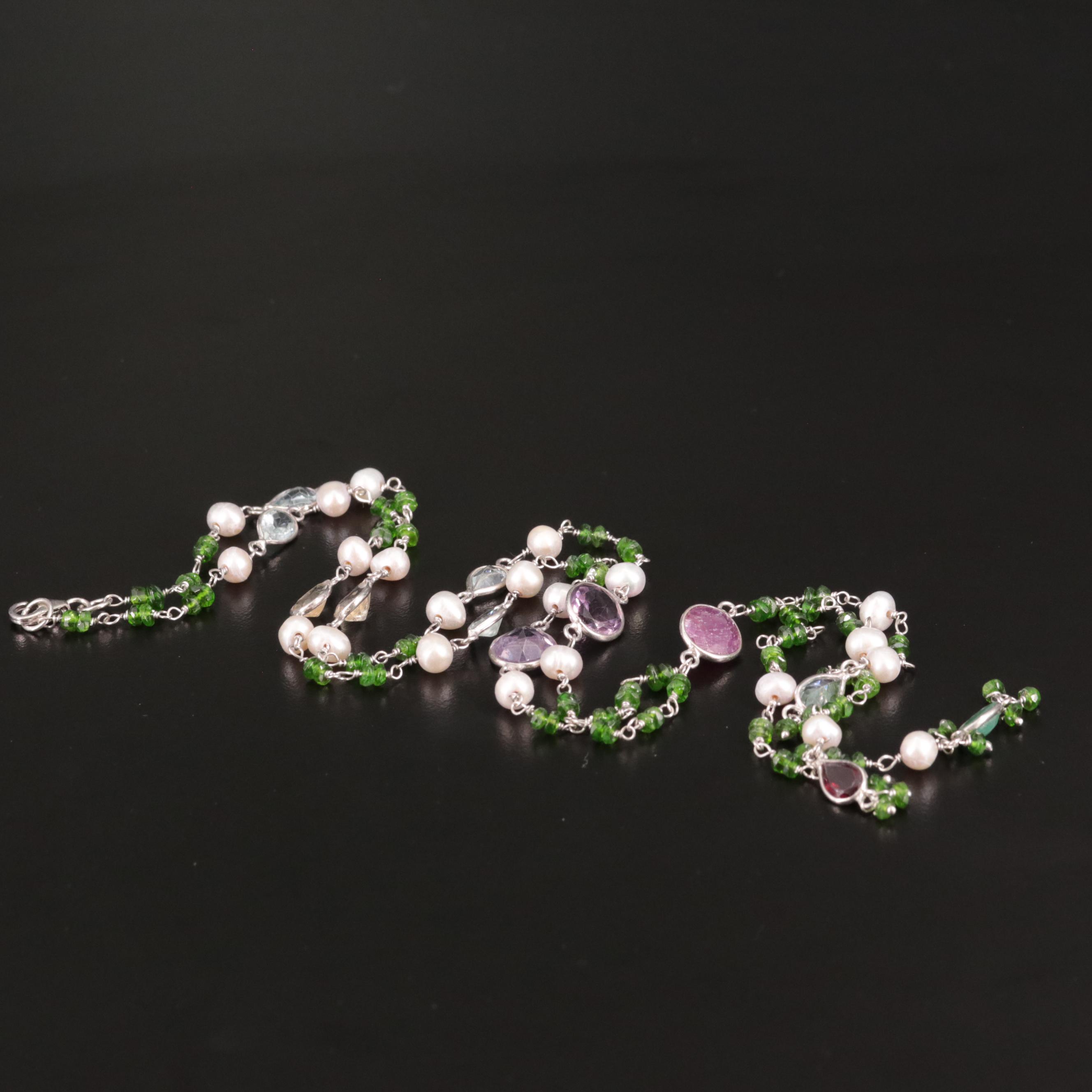 Sterling Diopside, Cultured Pearl, Amethyst, and Addition Gemstone Necklace