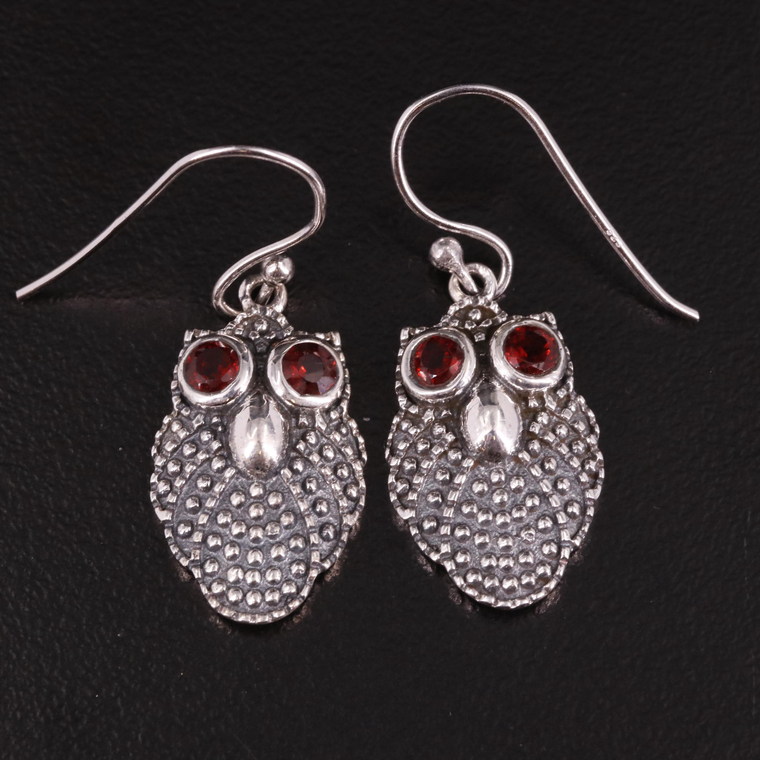 Sterling Garnet Owl Drop Earrings