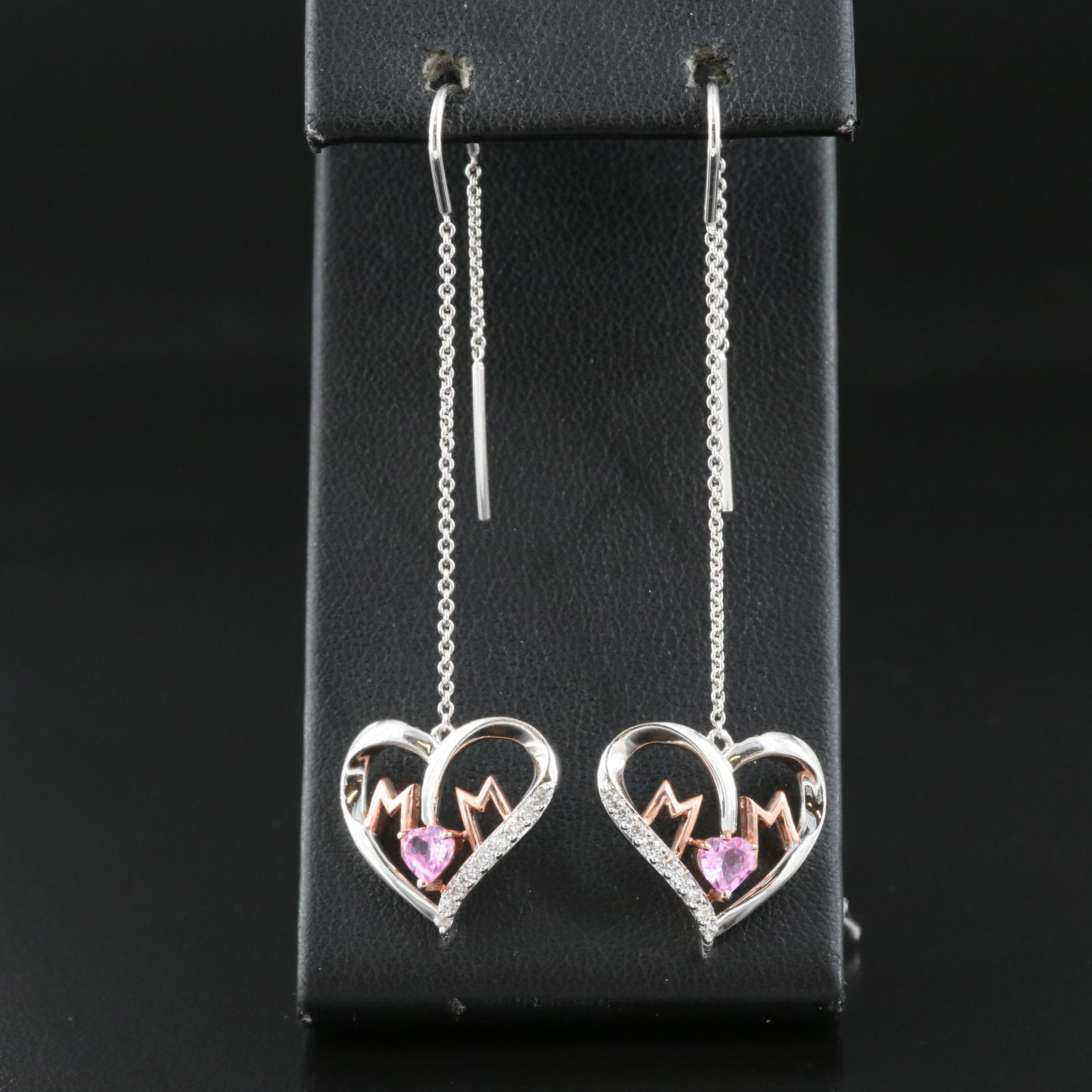 Sterling Sapphire and Cubic Zirconia "Mom" Heart Threader Earrings