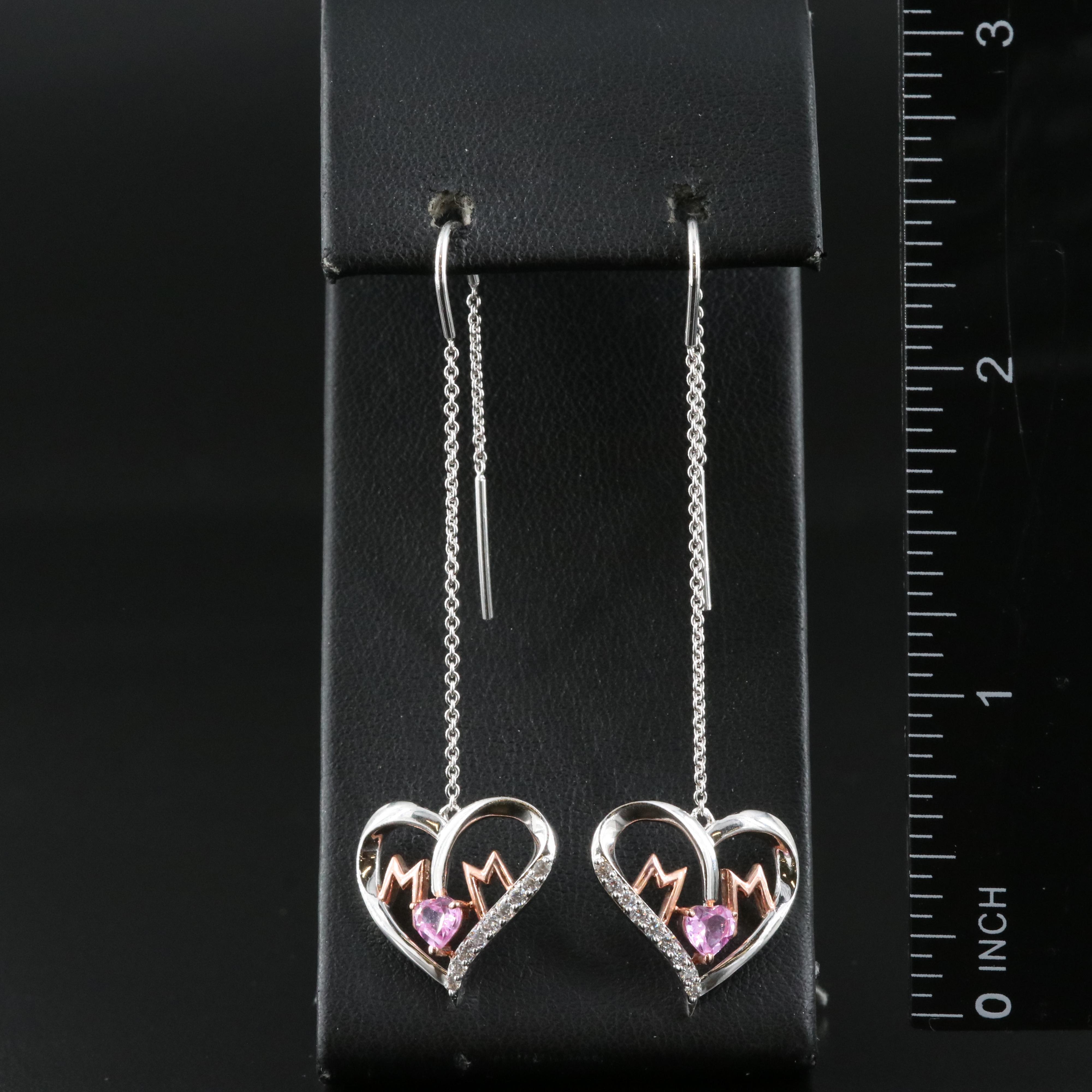 Sterling Sapphire and Cubic Zirconia "Mom" Heart Threader Earrings