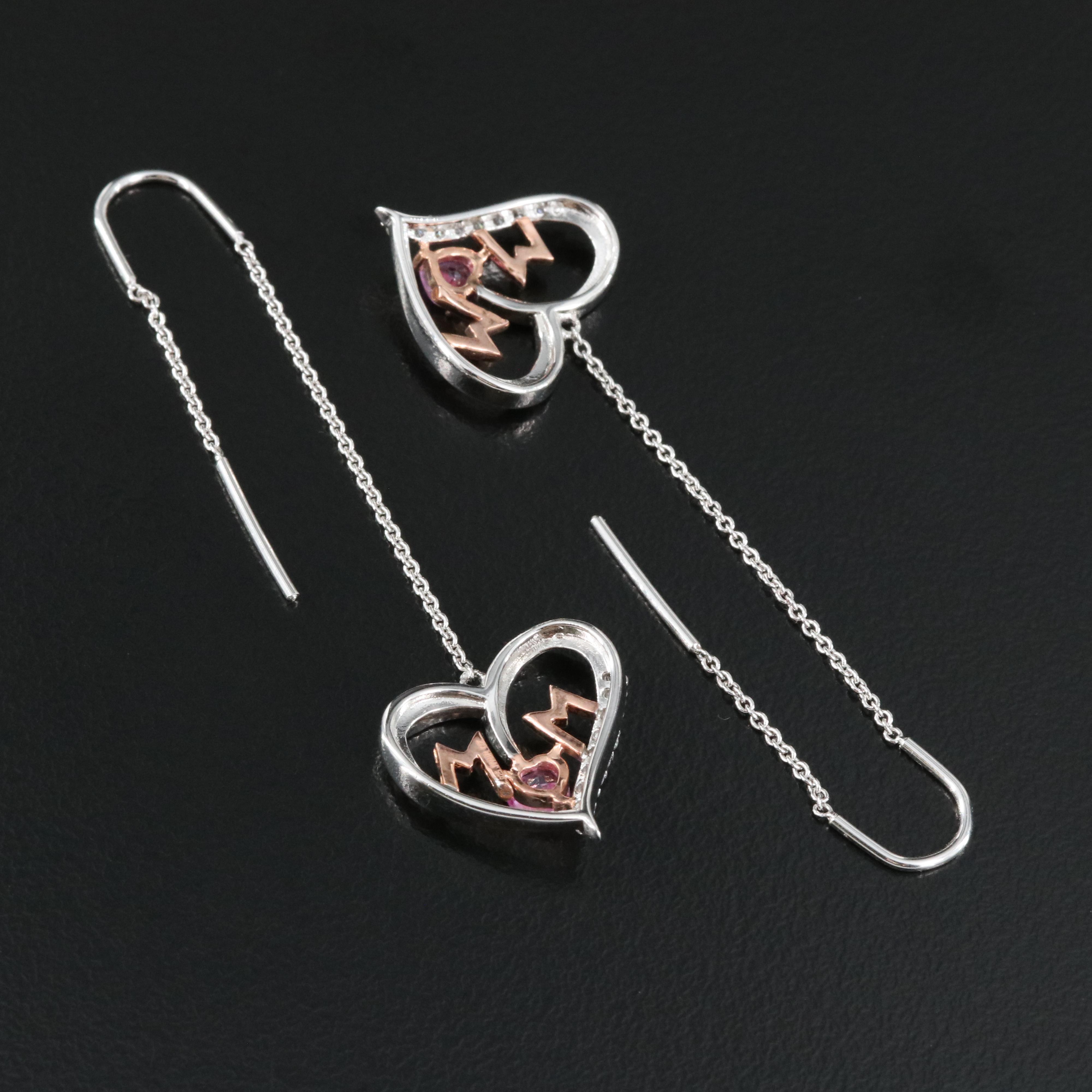 Sterling Sapphire and Cubic Zirconia "Mom" Heart Threader Earrings