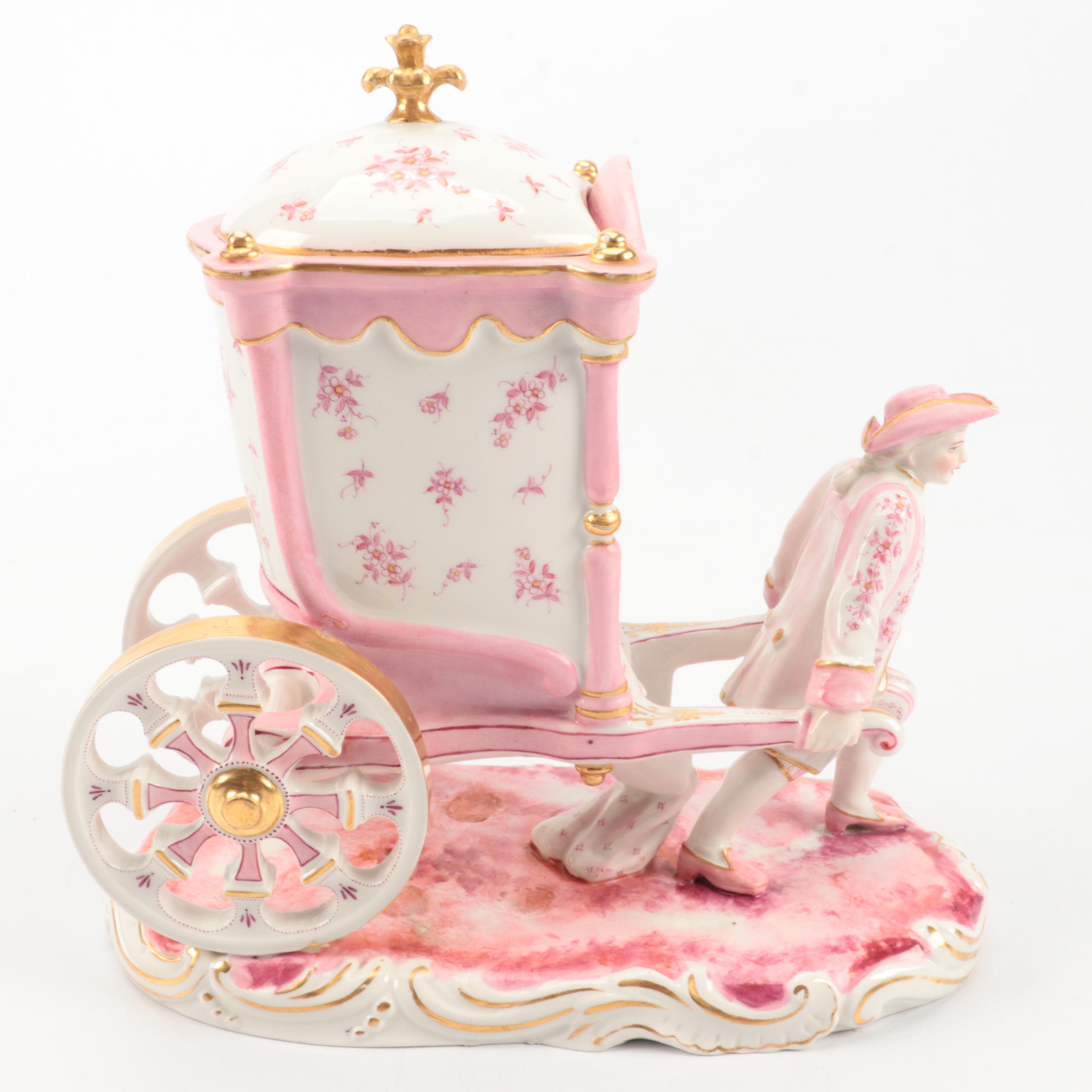 French Porcelain Rococo Style Wheeled Sedan Figural Vanity Jar