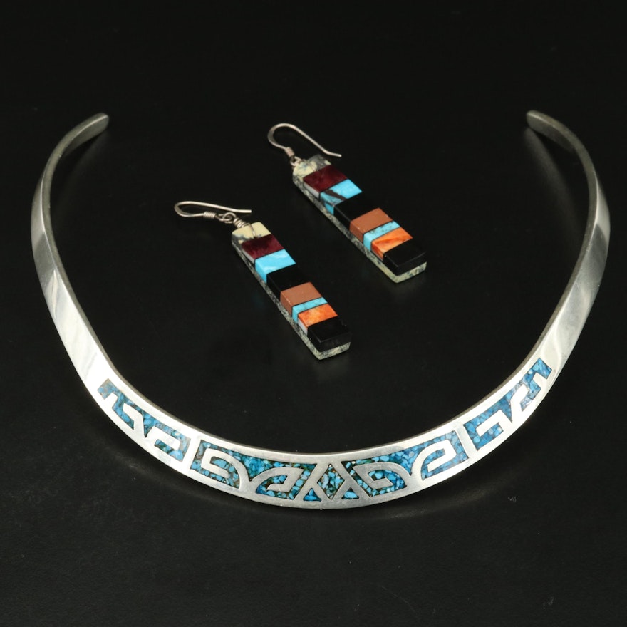 Mexican Sterling Inlay Collar and Earrings Including Turquoise