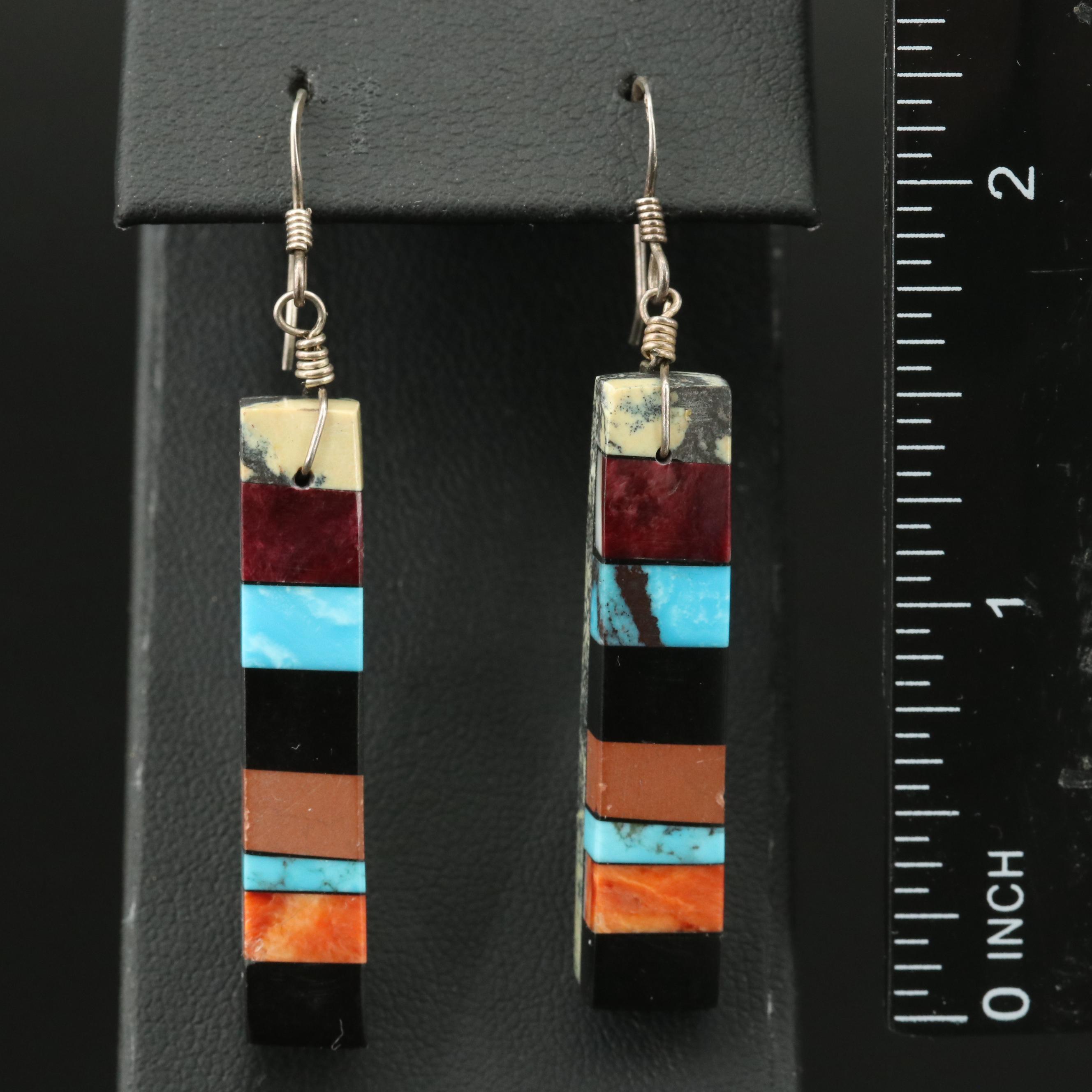 Mexican Sterling Inlay Collar and Earrings Including Turquoise
