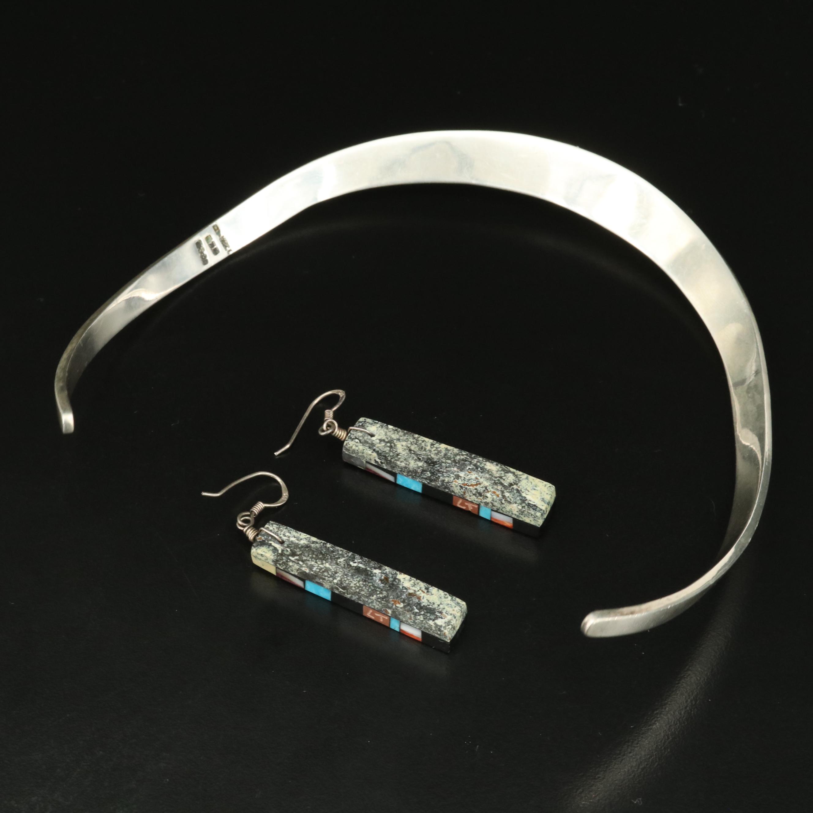 Mexican Sterling Inlay Collar and Earrings Including Turquoise