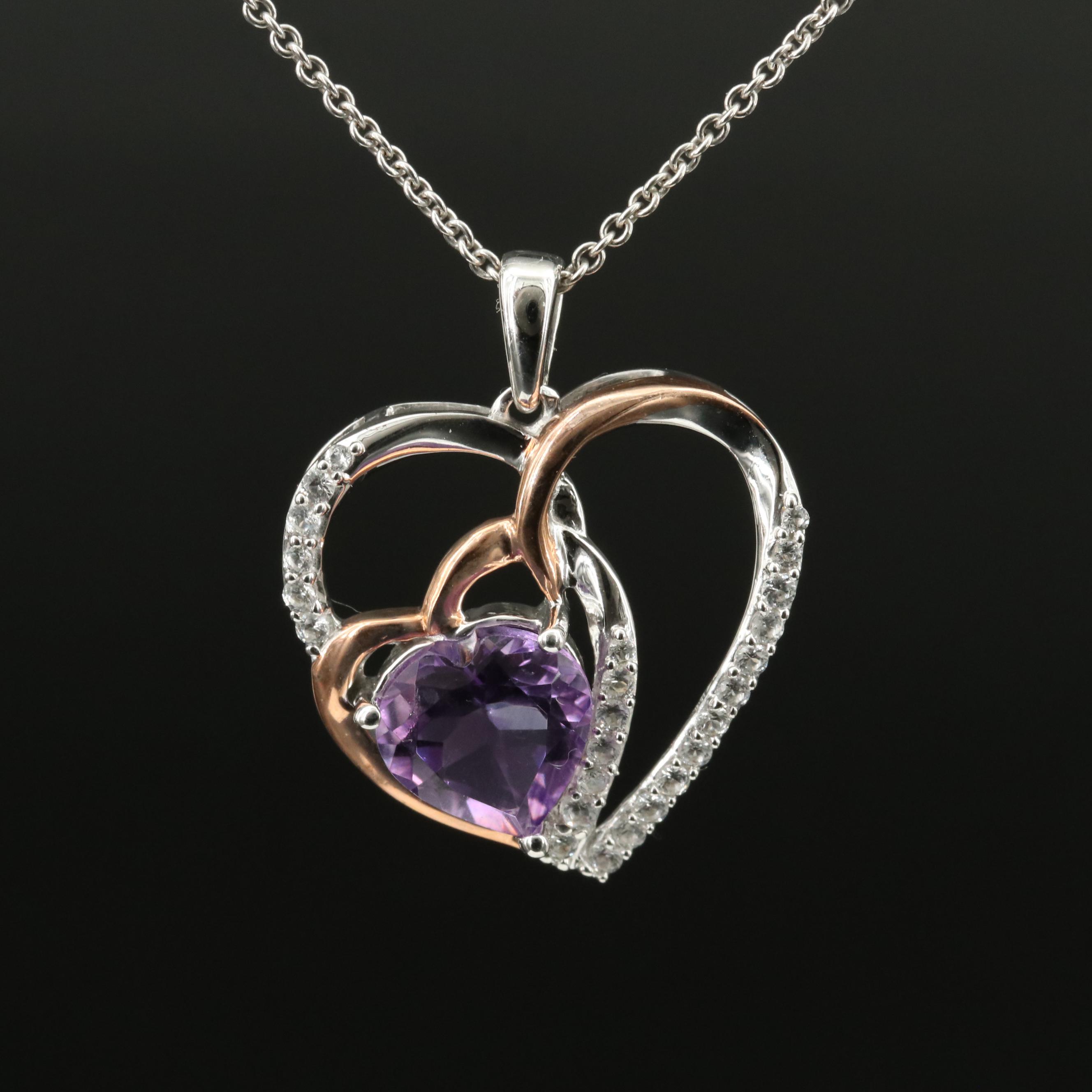 Sterling Amethyst and White Sapphire Heart Pendant Necklace