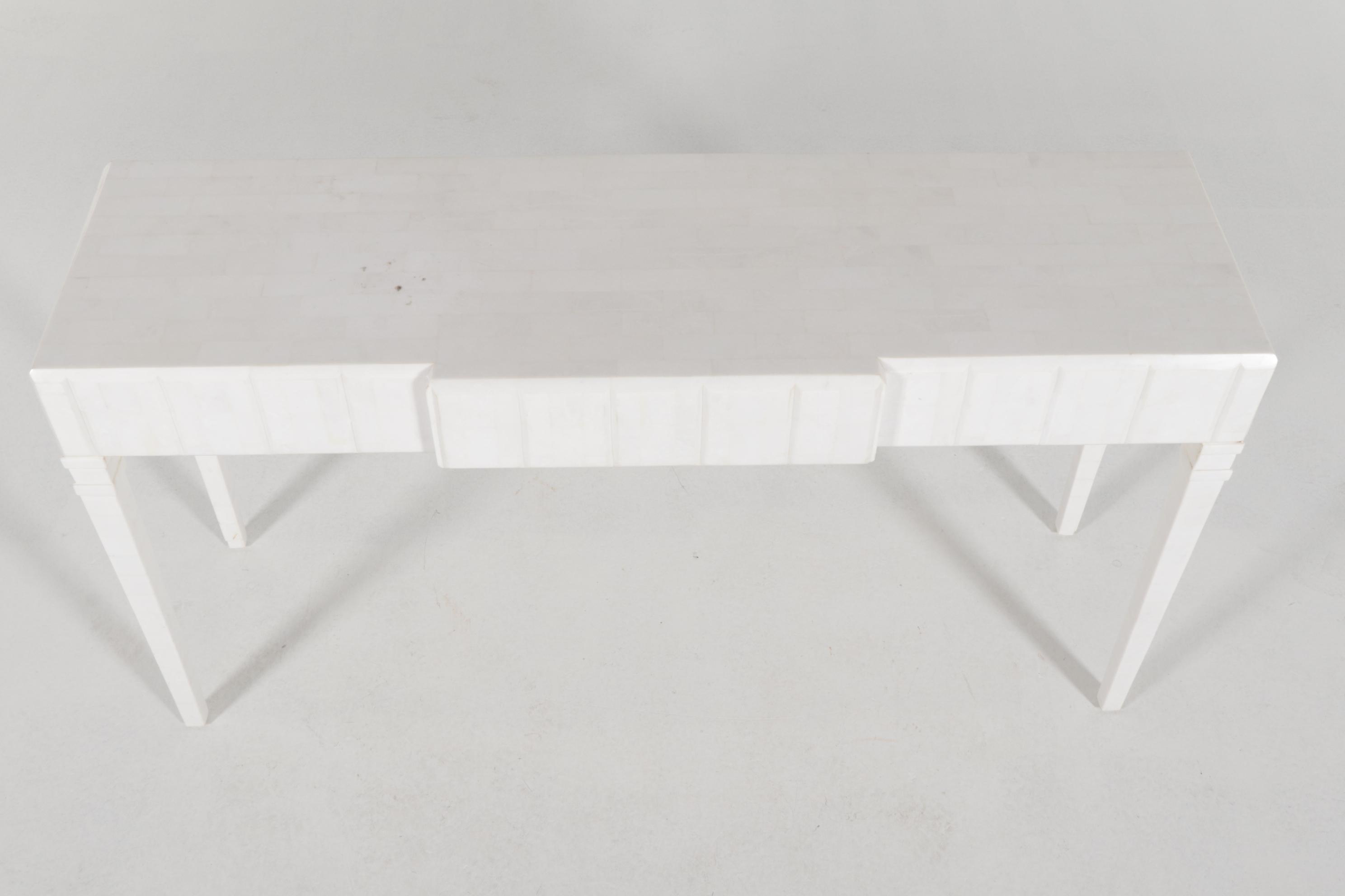 Contemporary White-Painted Wooden Console Table with Tessellated Stone Top