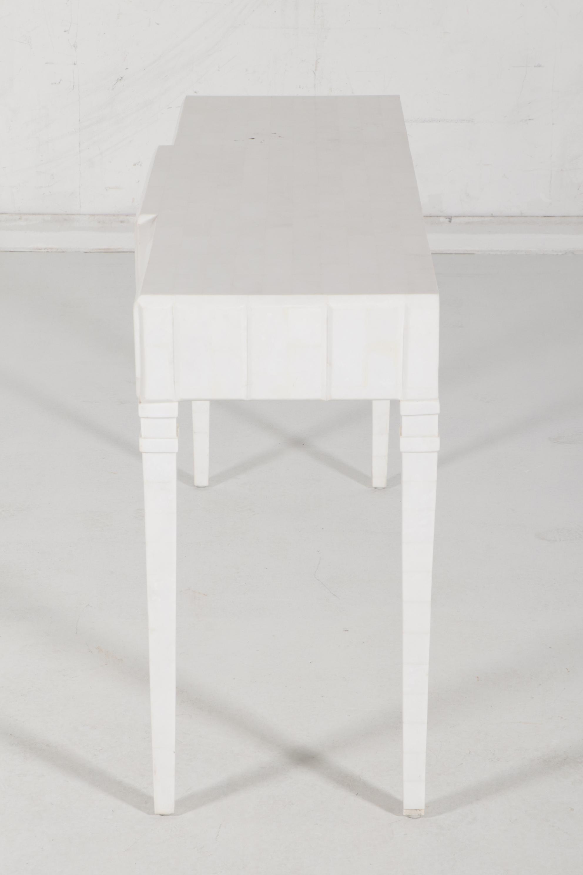 Contemporary White-Painted Wooden Console Table with Tessellated Stone Top