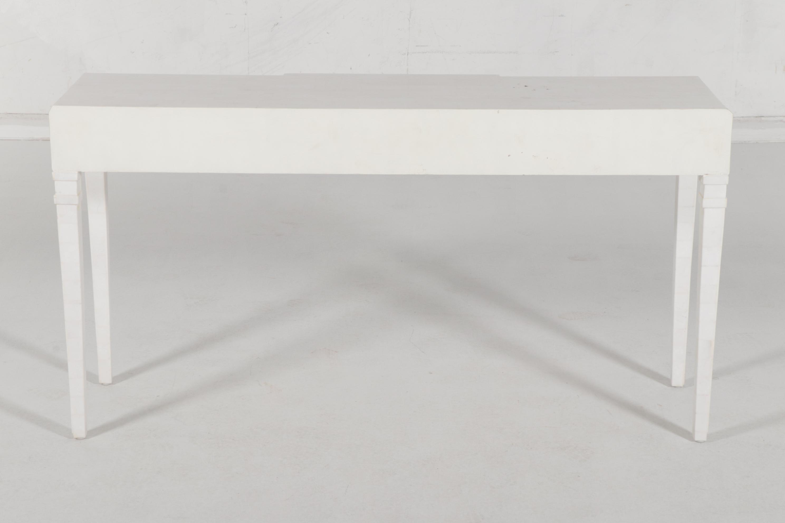 Contemporary White-Painted Wooden Console Table with Tessellated Stone Top