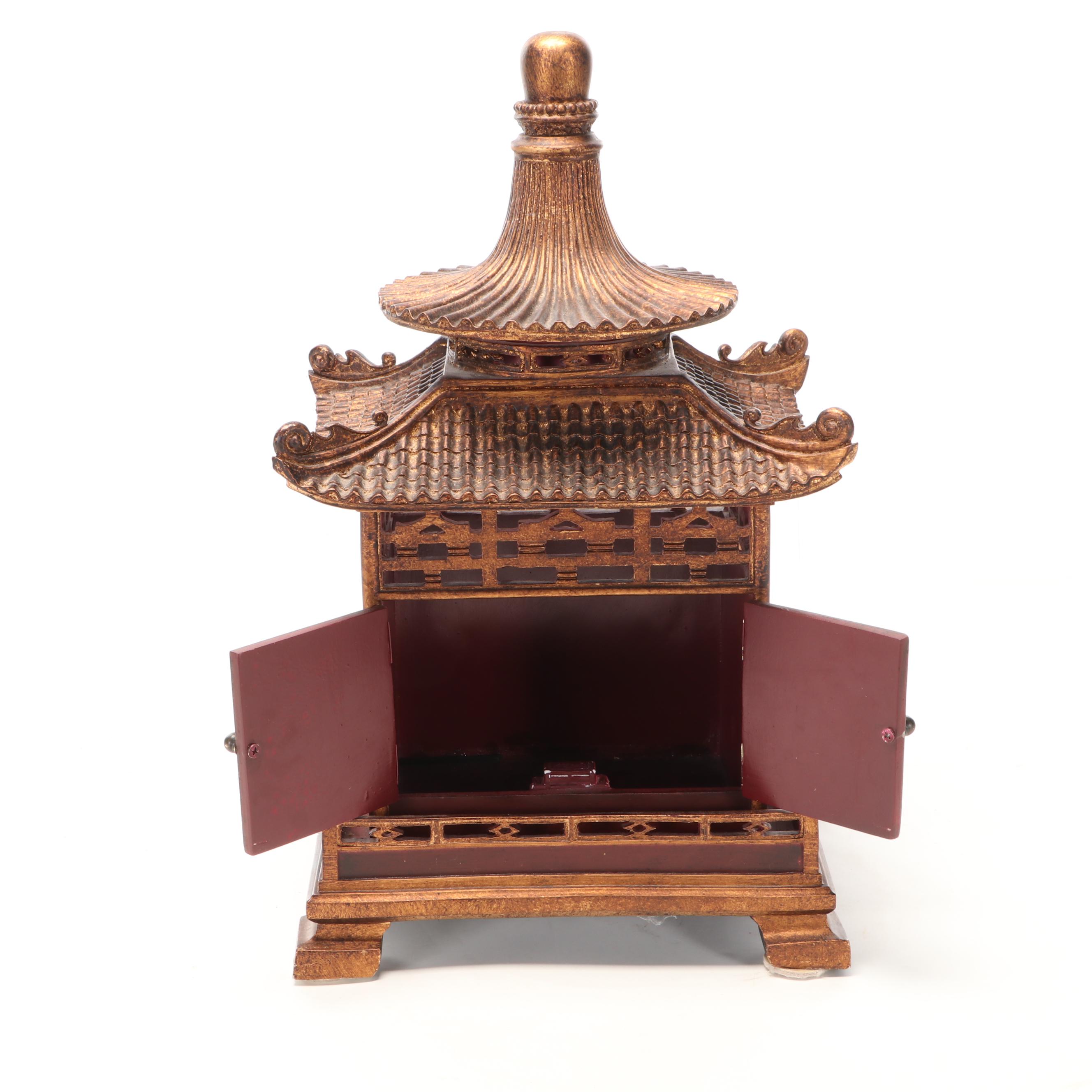 Chinoiserie Style Parcel Gilt Pagoda Form Composite Cabinet