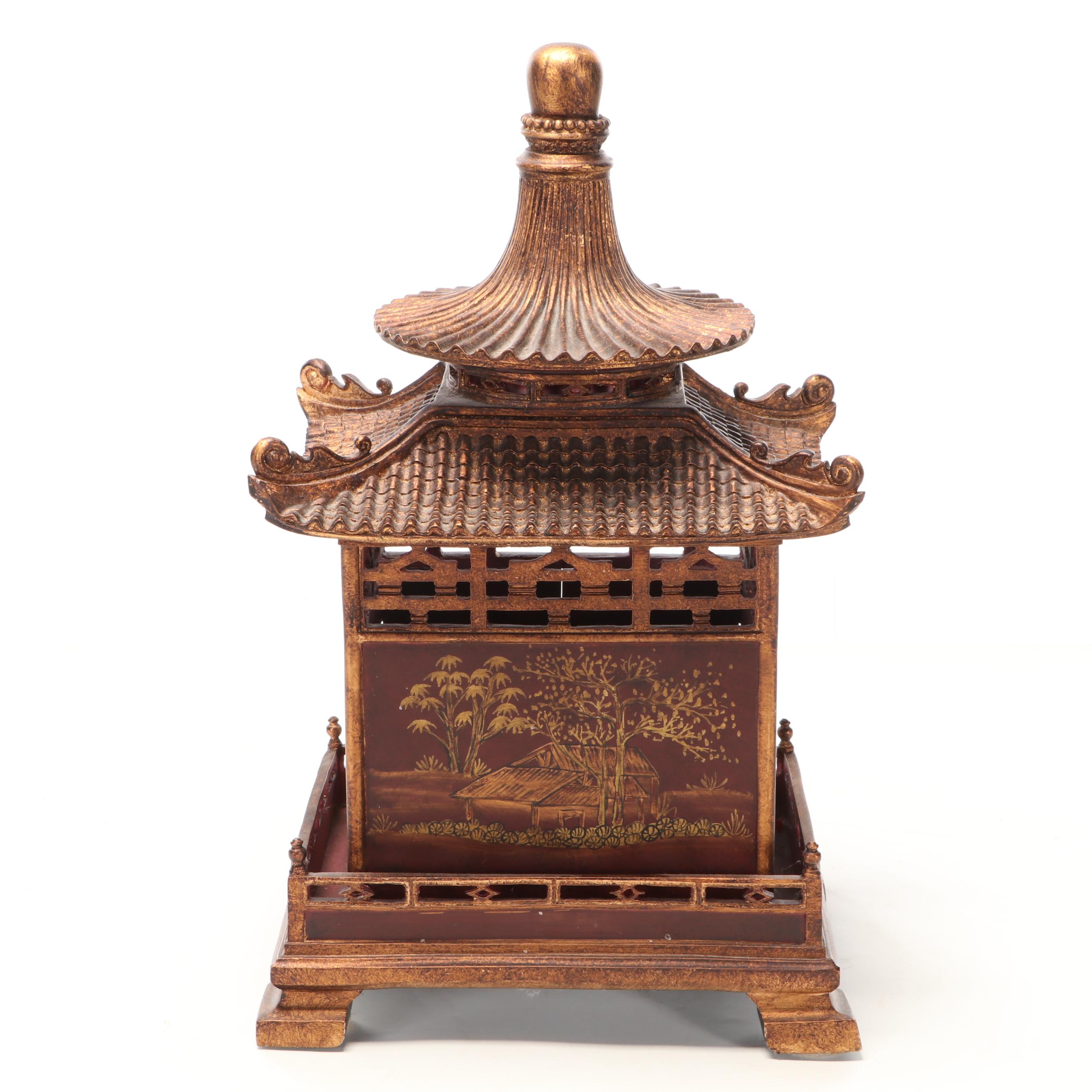 Chinoiserie Style Parcel Gilt Pagoda Form Composite Cabinet