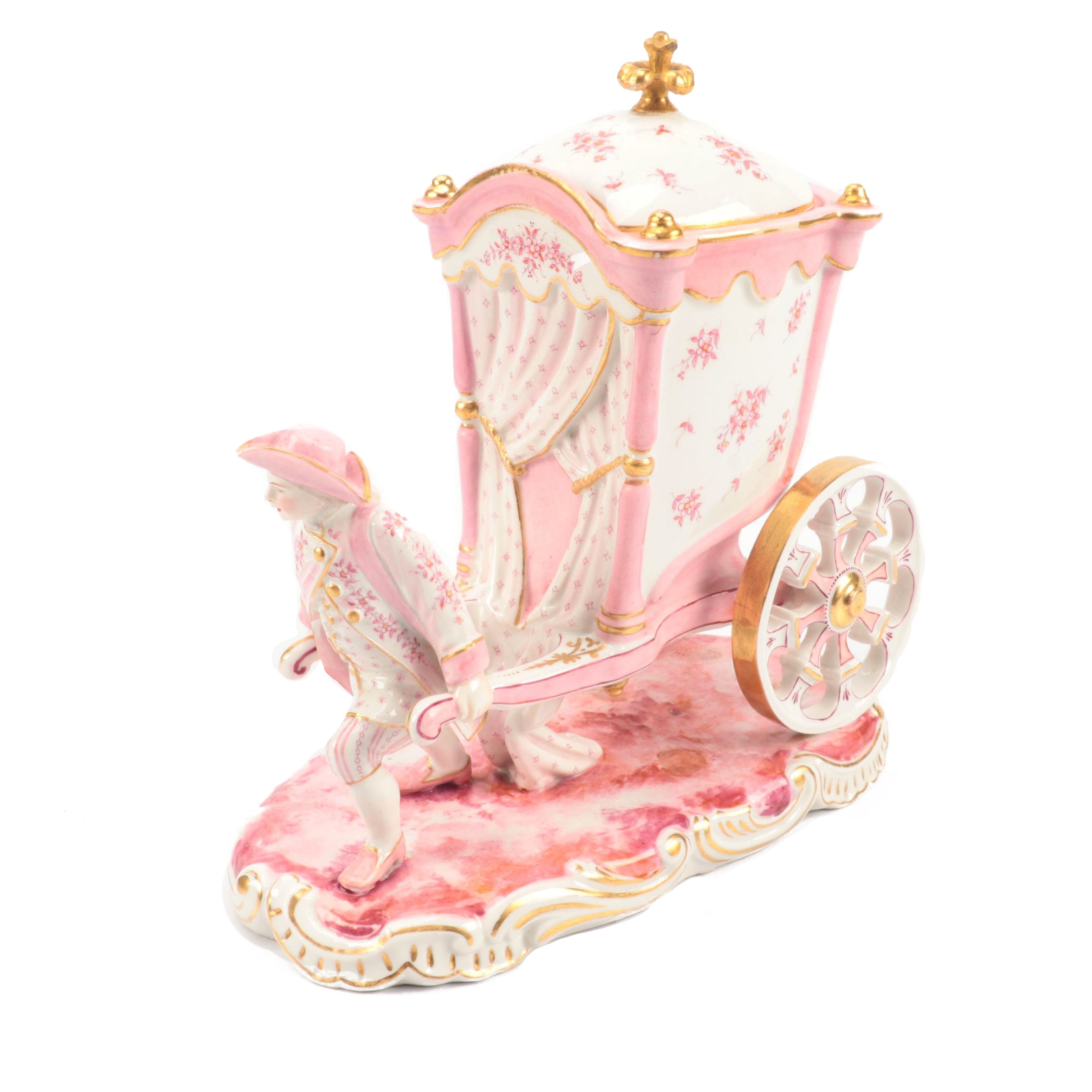 French Porcelain Rococo Style Wheeled Sedan Figural Vanity Jar