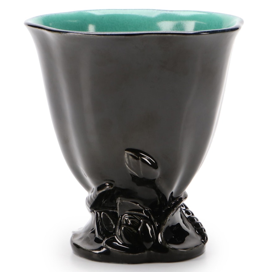 Rookwood Pottery Jet Black Production Vase with Openwork Lotus Base, 1925