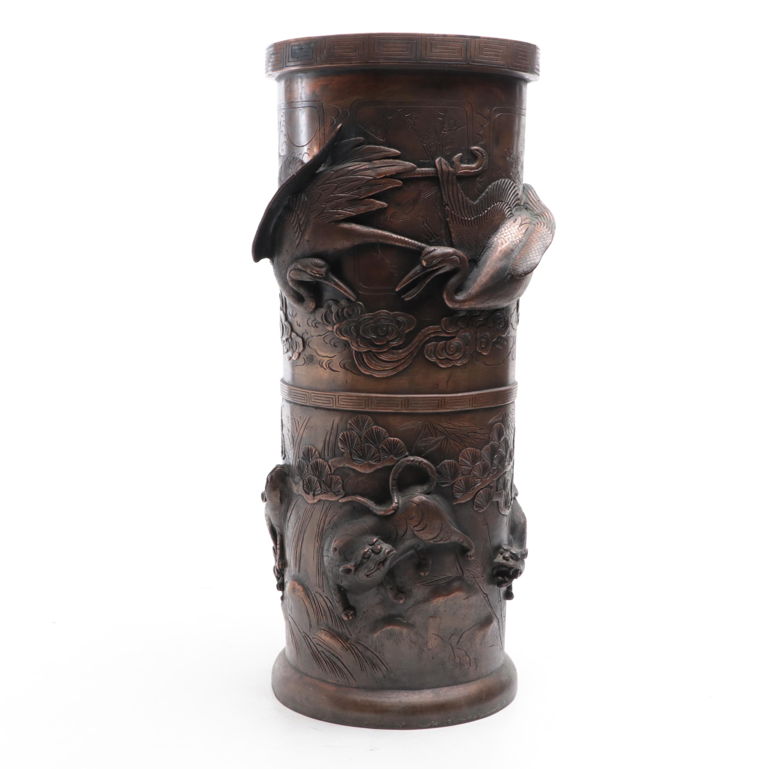 Japanese Cast Bronze Crane and Tiger Umbrella Stand, Early 20th Century