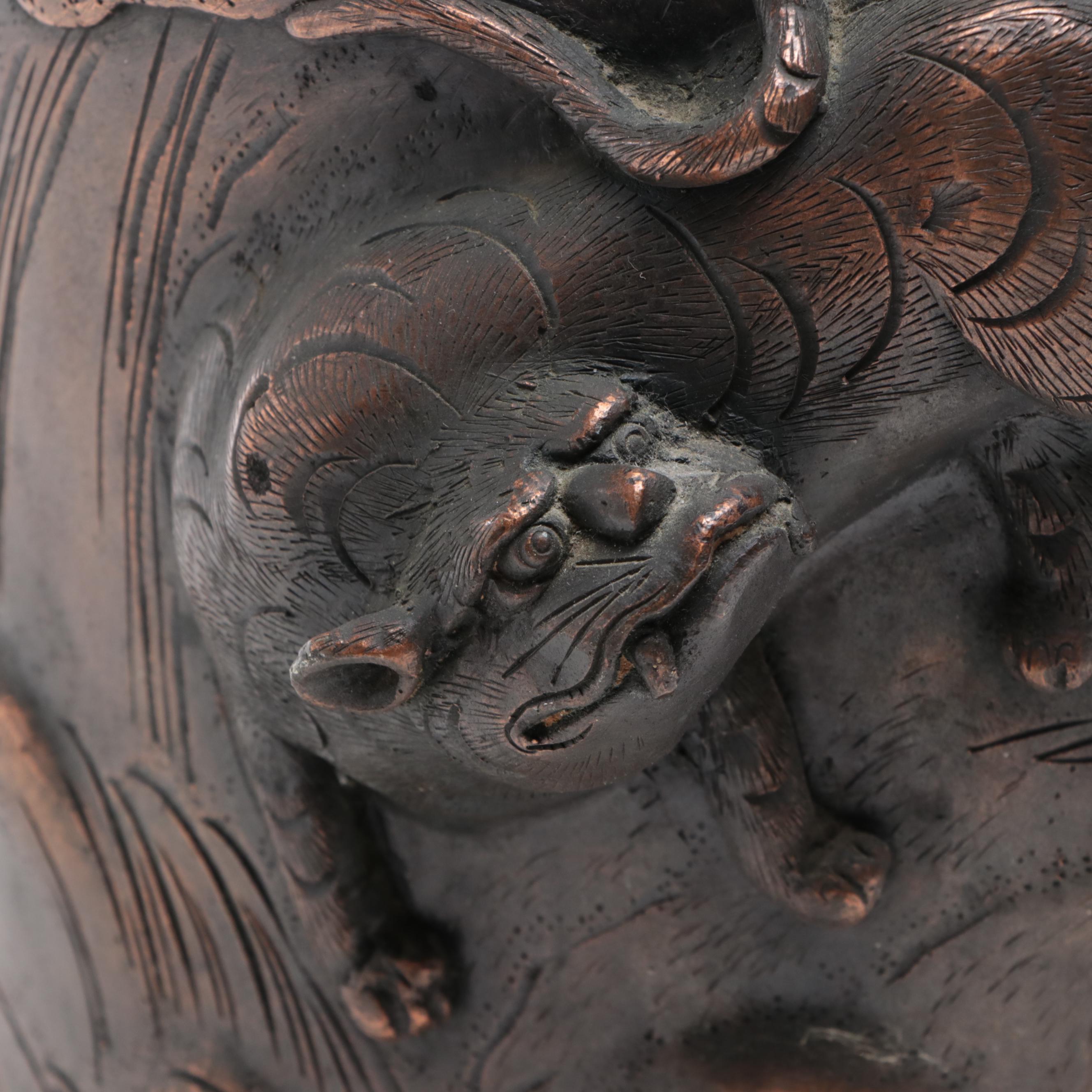 Japanese Cast Bronze Crane and Tiger Umbrella Stand, Early 20th Century