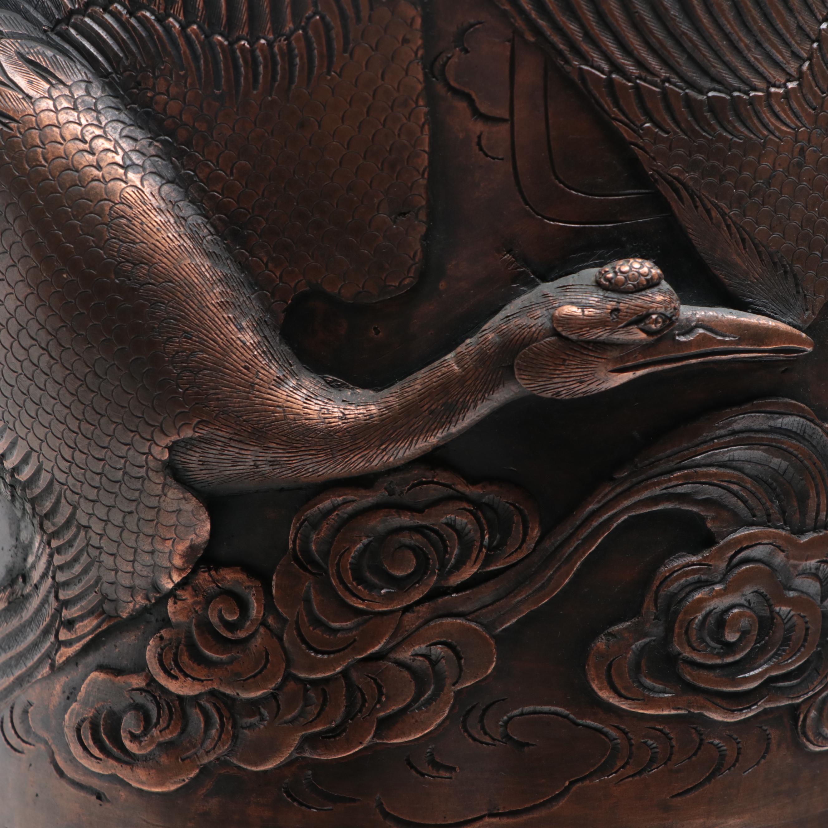 Japanese Cast Bronze Crane and Tiger Umbrella Stand, Early 20th Century