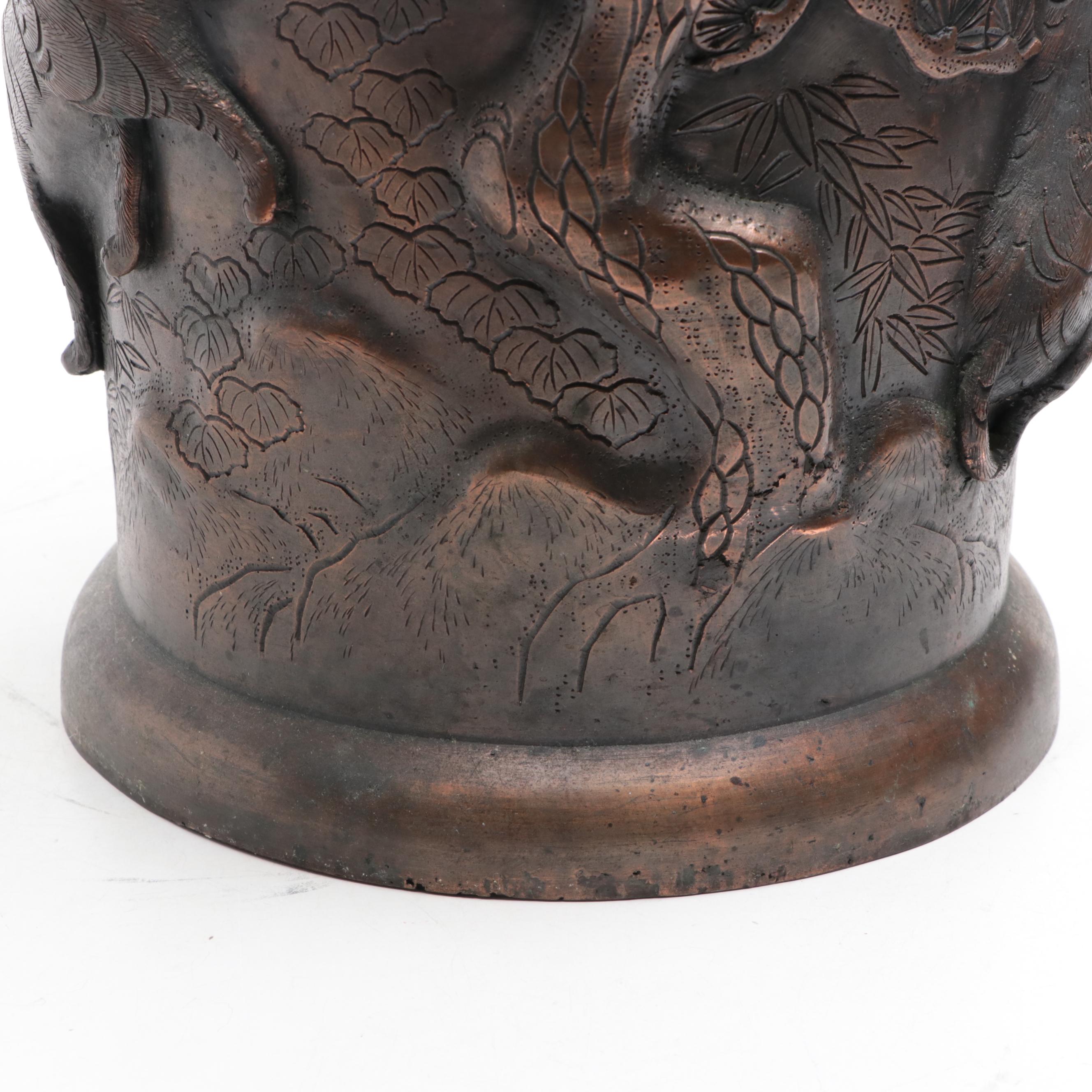 Japanese Cast Bronze Crane and Tiger Umbrella Stand, Early 20th Century
