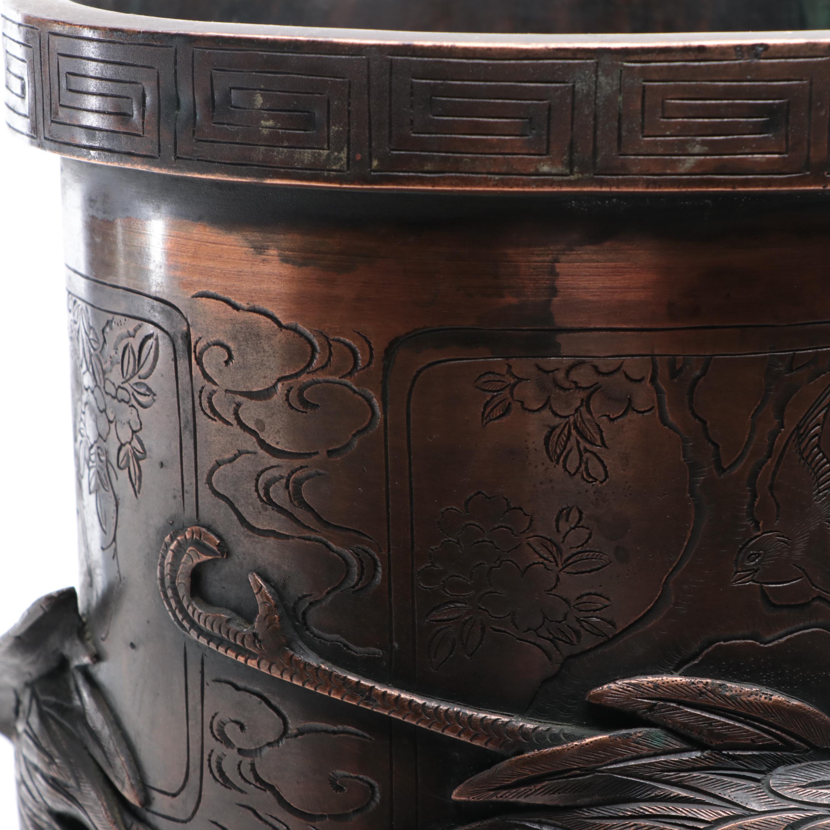 Japanese Cast Bronze Crane and Tiger Umbrella Stand, Early 20th Century